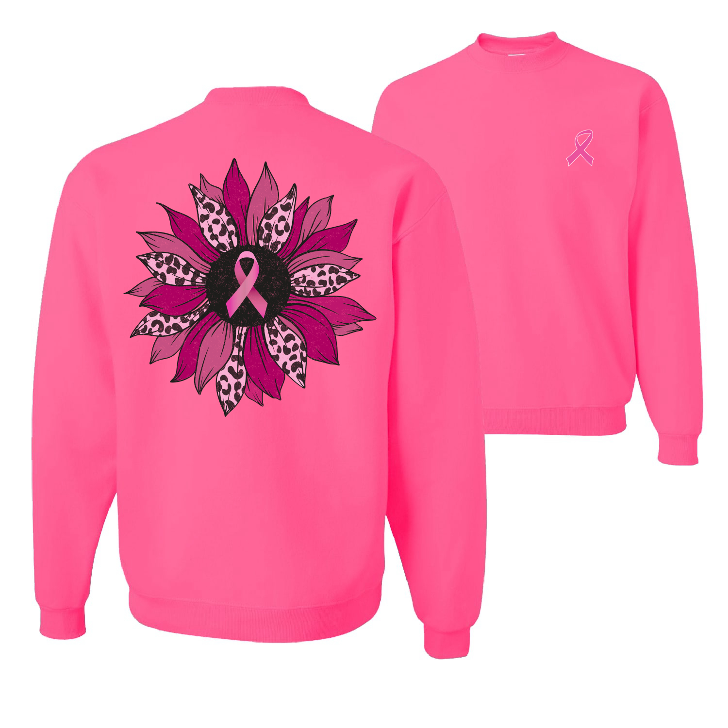 Rosa Gepardendruck Brustkrebs Nelke Blume Unisex Rundhalsausschnitt Sweatshirt - Bild 7 von 8
