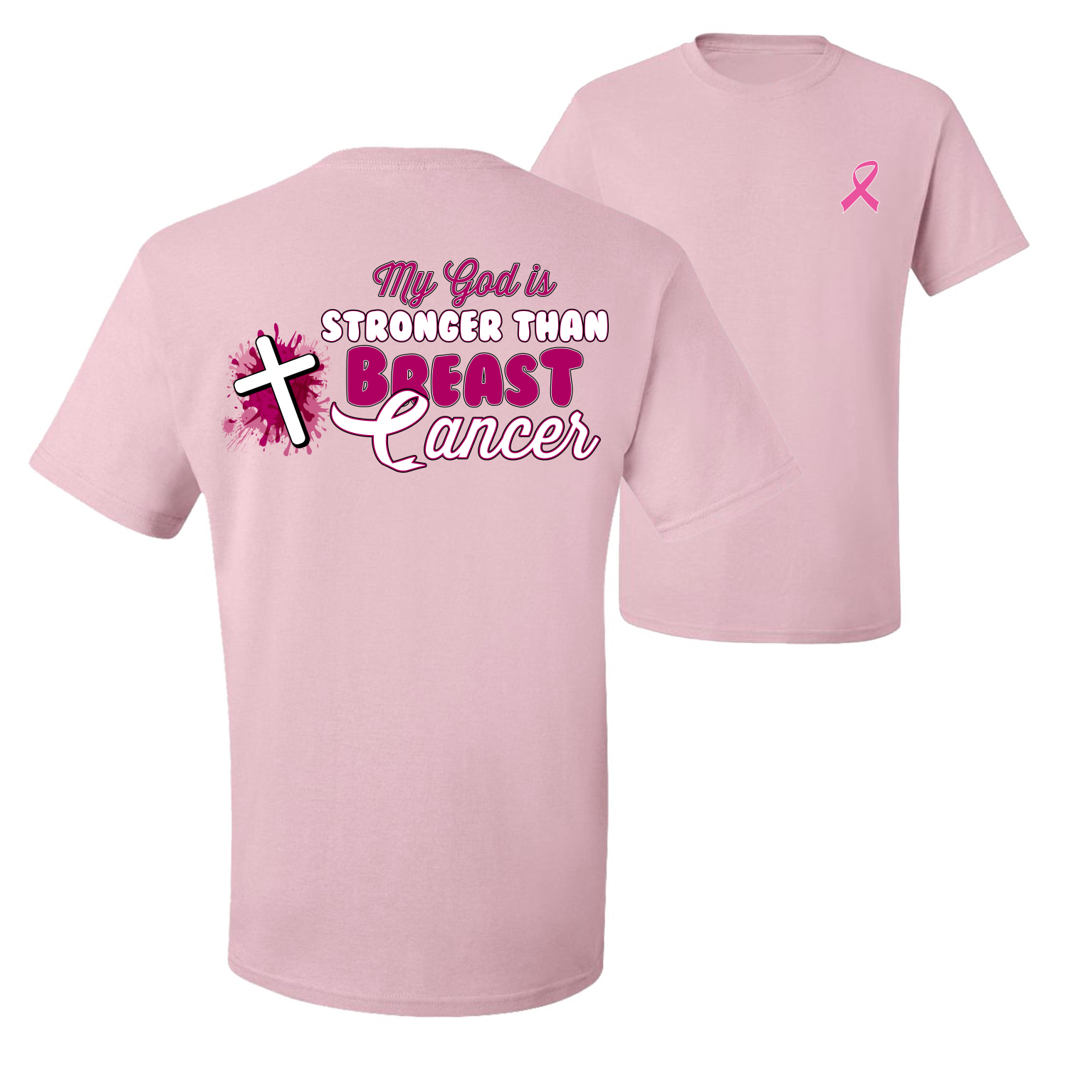Camiseta gráfica My God is Stronger Than Breast Cáncer de mama con salpicaduras cruz para hombre - Imagen 7 de 9