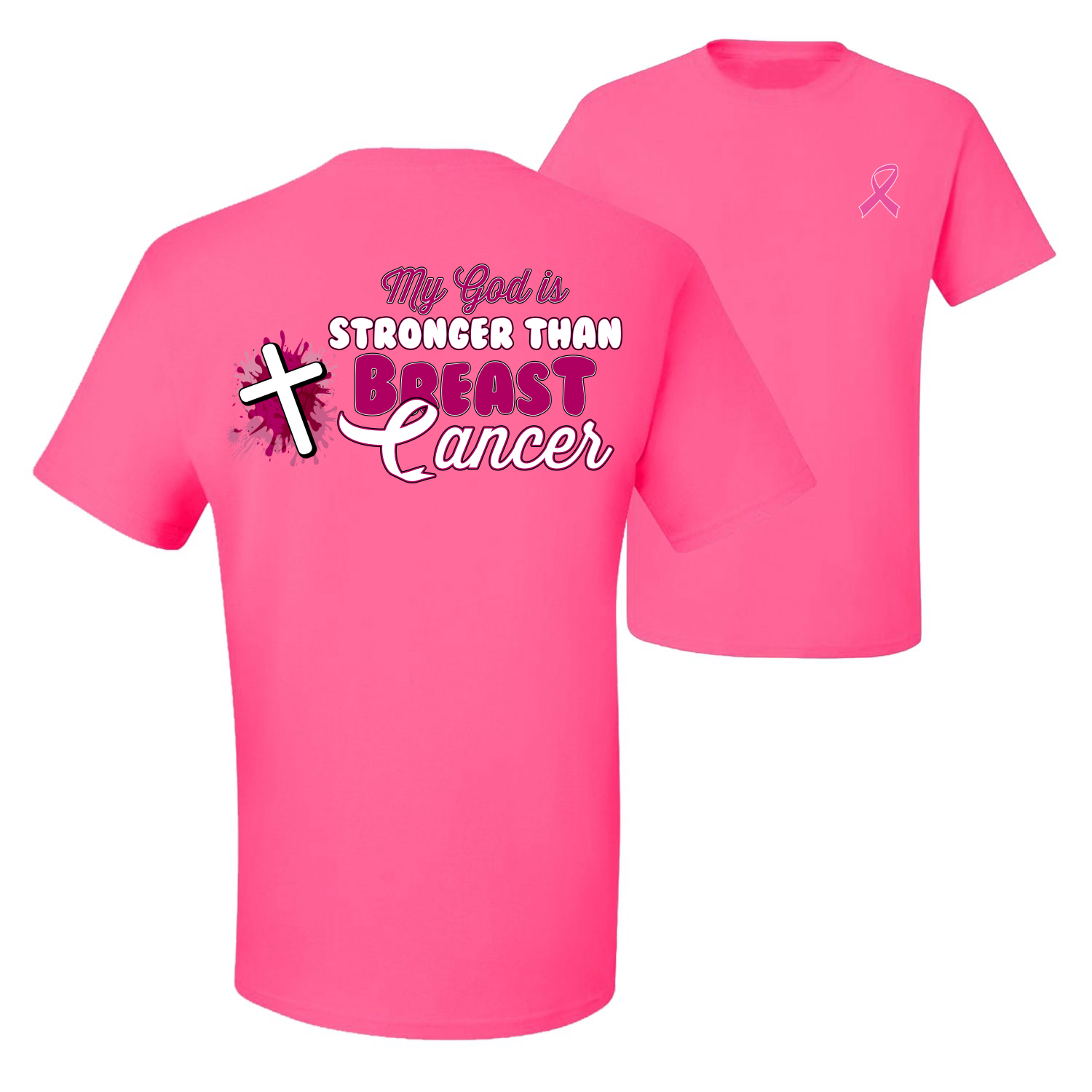 Camiseta gráfica My God is Stronger Than Breast Cáncer de mama con salpicaduras cruz para hombre - Imagen 8 de 9
