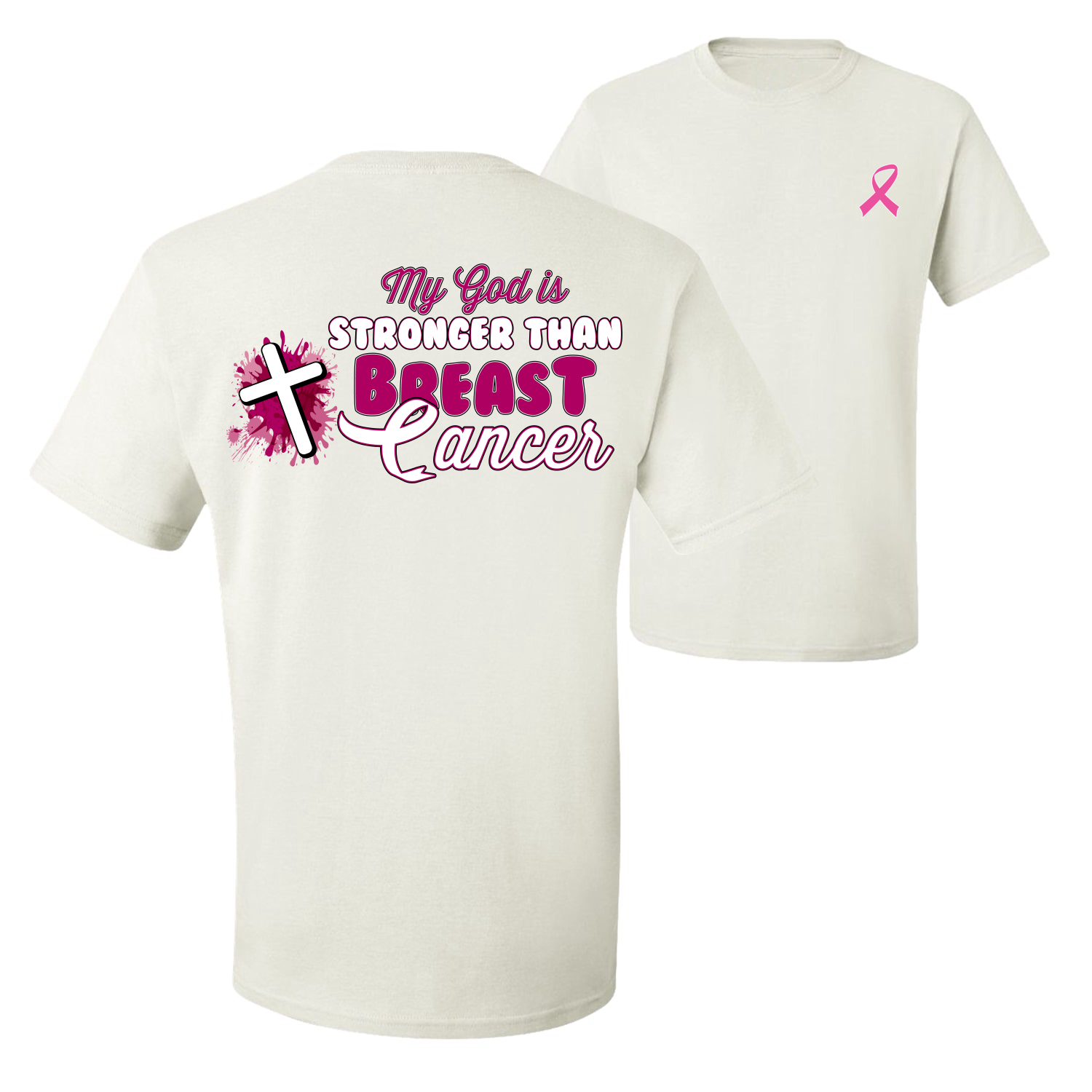Camiseta gráfica My God is Stronger Than Breast Cáncer de mama con salpicaduras cruz para hombre - Imagen 9 de 9