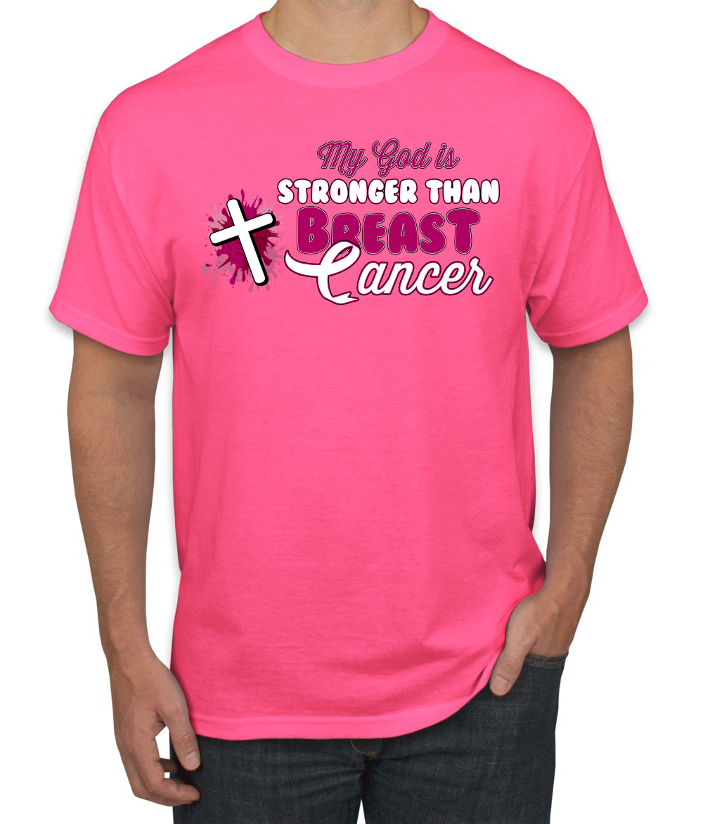 Camiseta My God is Stronger Than Breast Cáncer Pintura Salpicaduras Cruz Hombre - Imagen 9 de 10