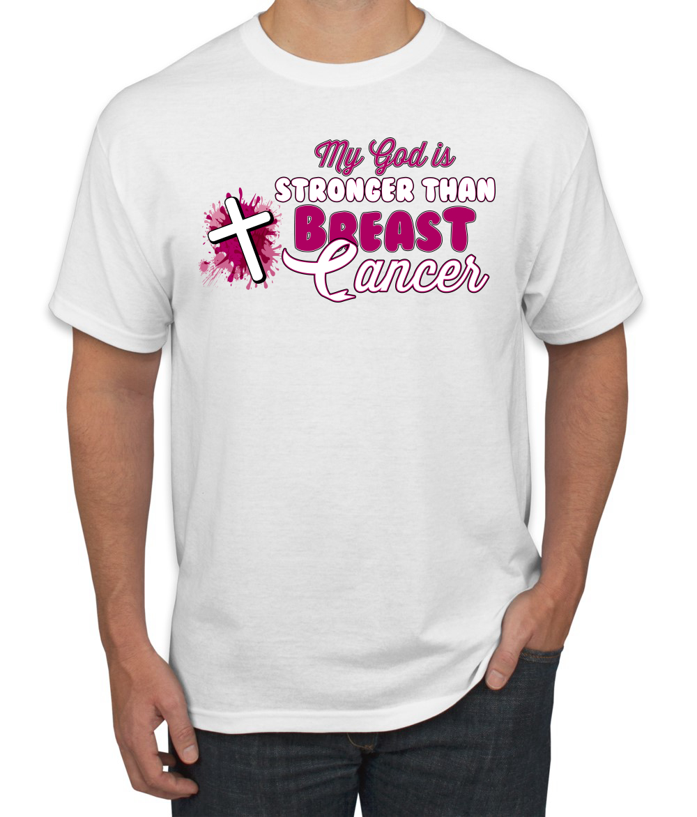 Camiseta My God is Stronger Than Breast Cáncer Pintura Salpicaduras Cruz Hombre - Imagen 10 de 10