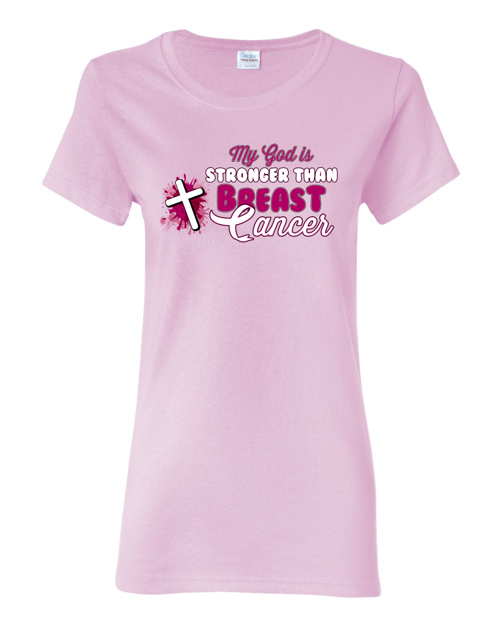 Camiseta gráfica My God is Stronger Than Breast Cáncer de mama con salpicaduras cruz para mujeres - Imagen 7 de 8