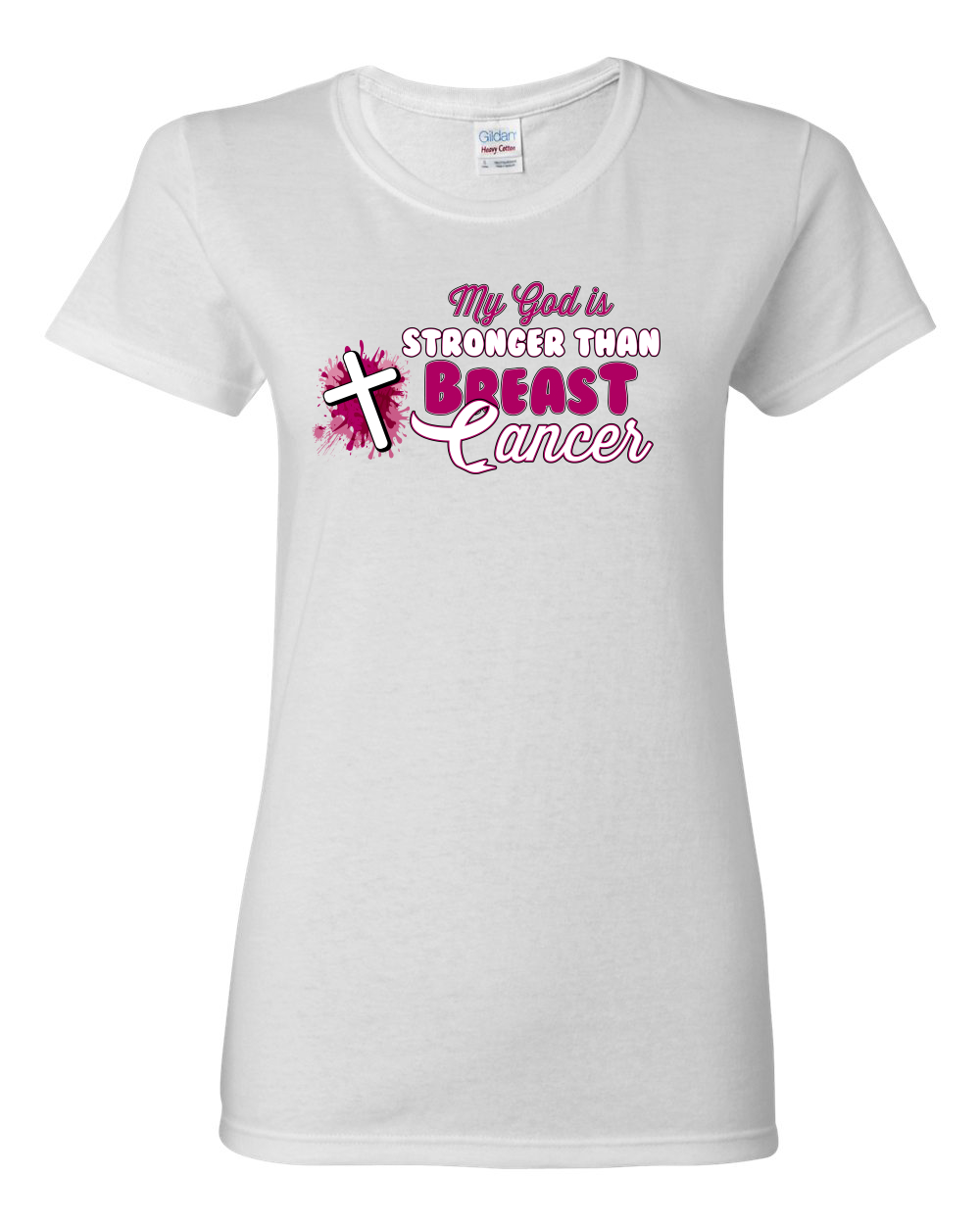 Camiseta gráfica My God is Stronger Than Breast Cáncer de mama con salpicaduras cruz para mujeres - Imagen 8 de 8