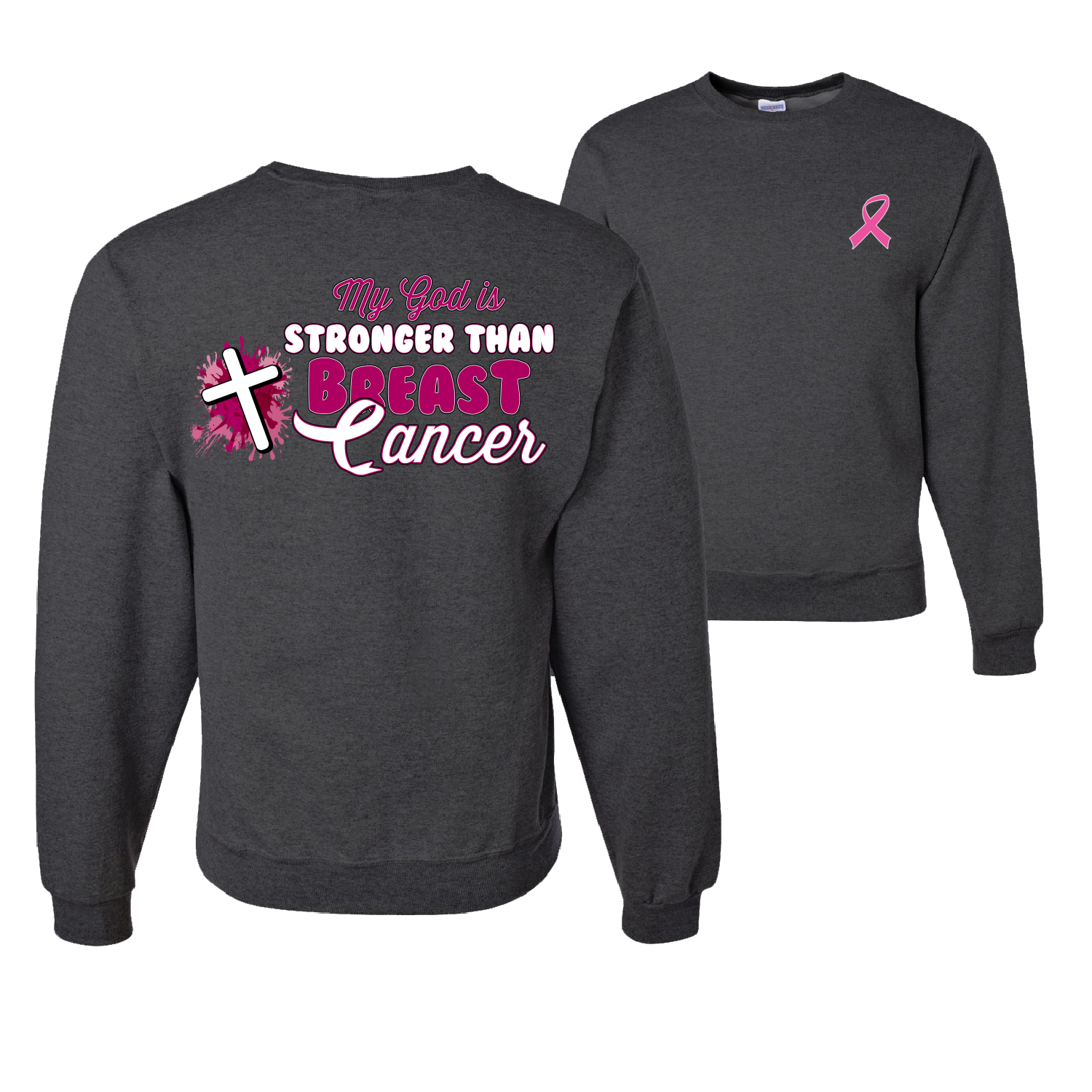 My God is Stronger Than Breast Cancer Paint Splatter Cross Unisex Sweatshirt - Picture 4 of 8