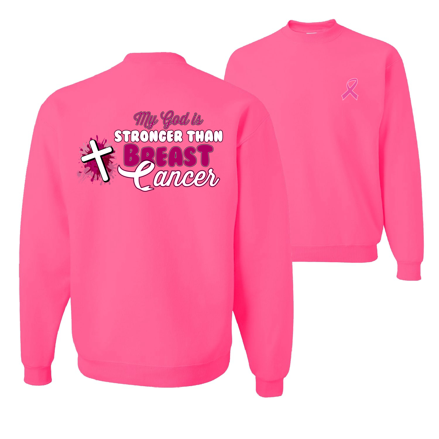 My God is Stronger Than Breast Cancer Paint Splatter Cross Unisex Sweatshirt - Picture 7 of 8