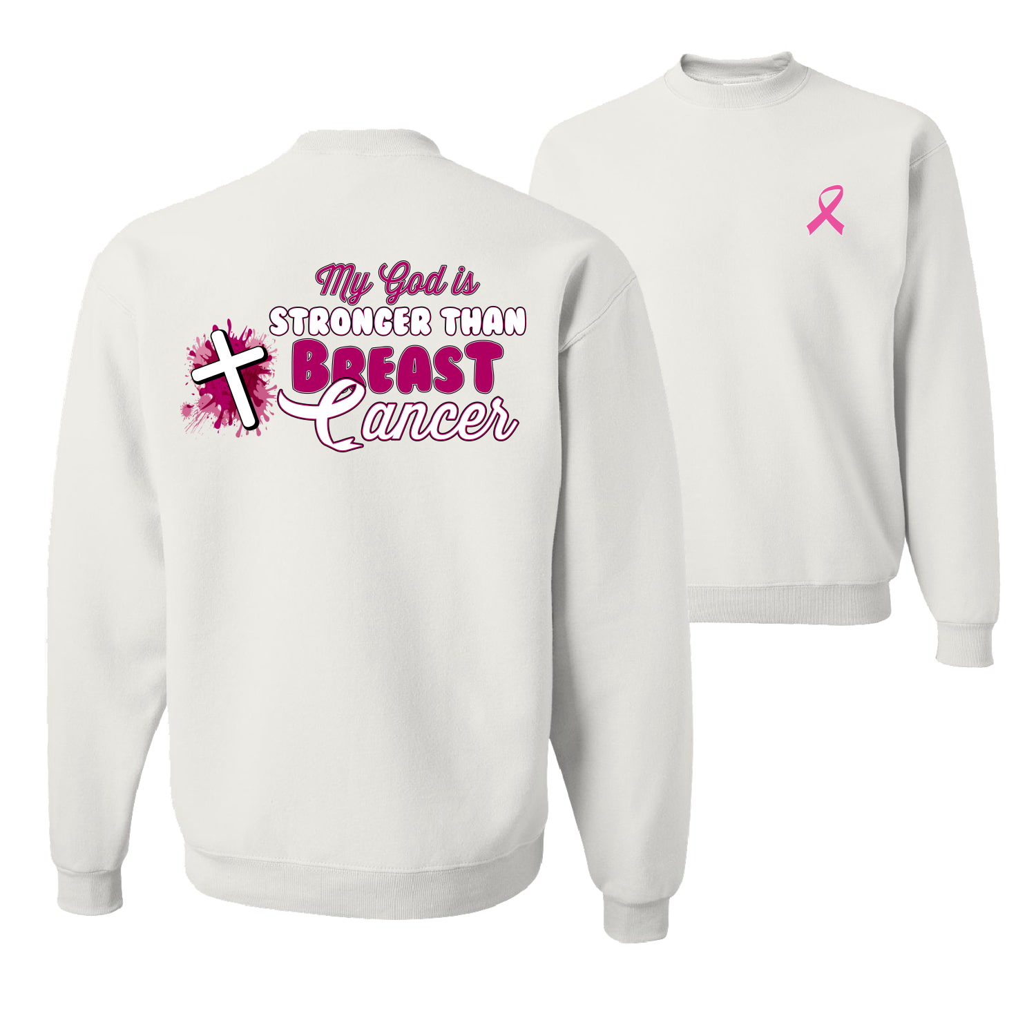 My God is Stronger Than Breast Cancer Paint Splatter Cross Unisex Sweatshirt - Picture 8 of 8