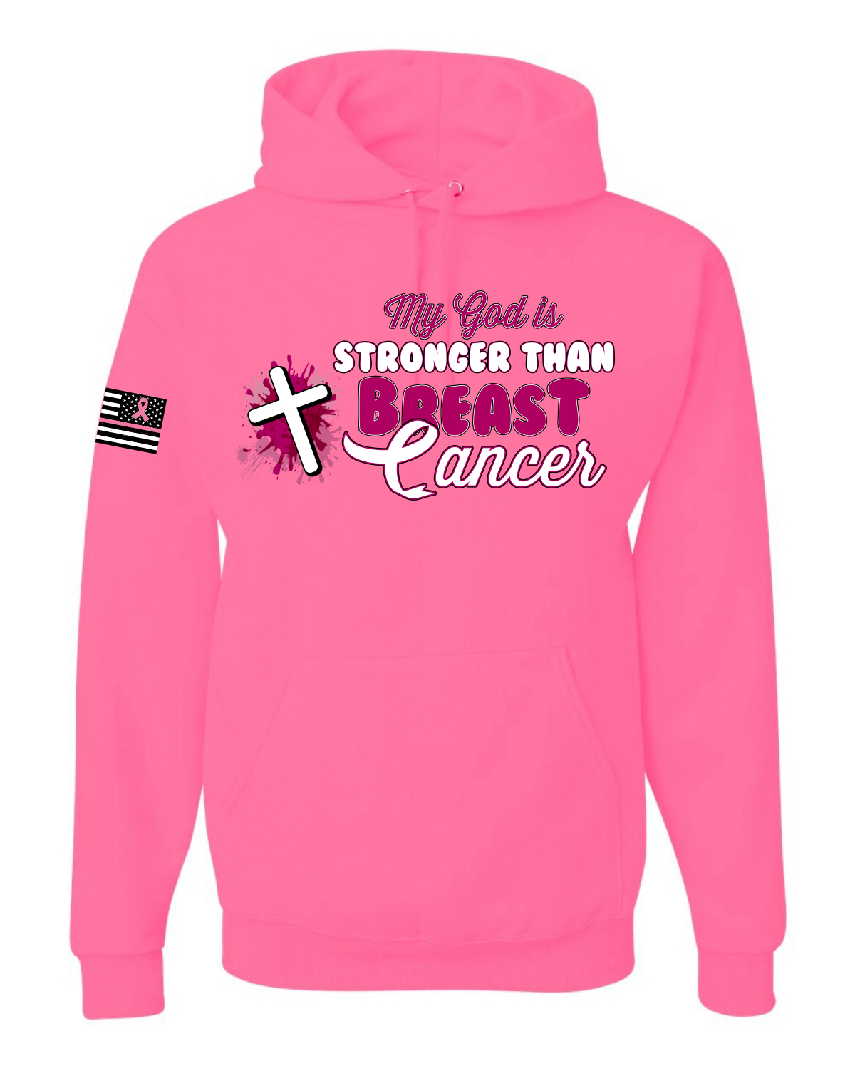 Sudadera con capucha unisex My God is Stronger Than Breast Cancer pintura con salpicaduras cruz - Imagen 7 de 8