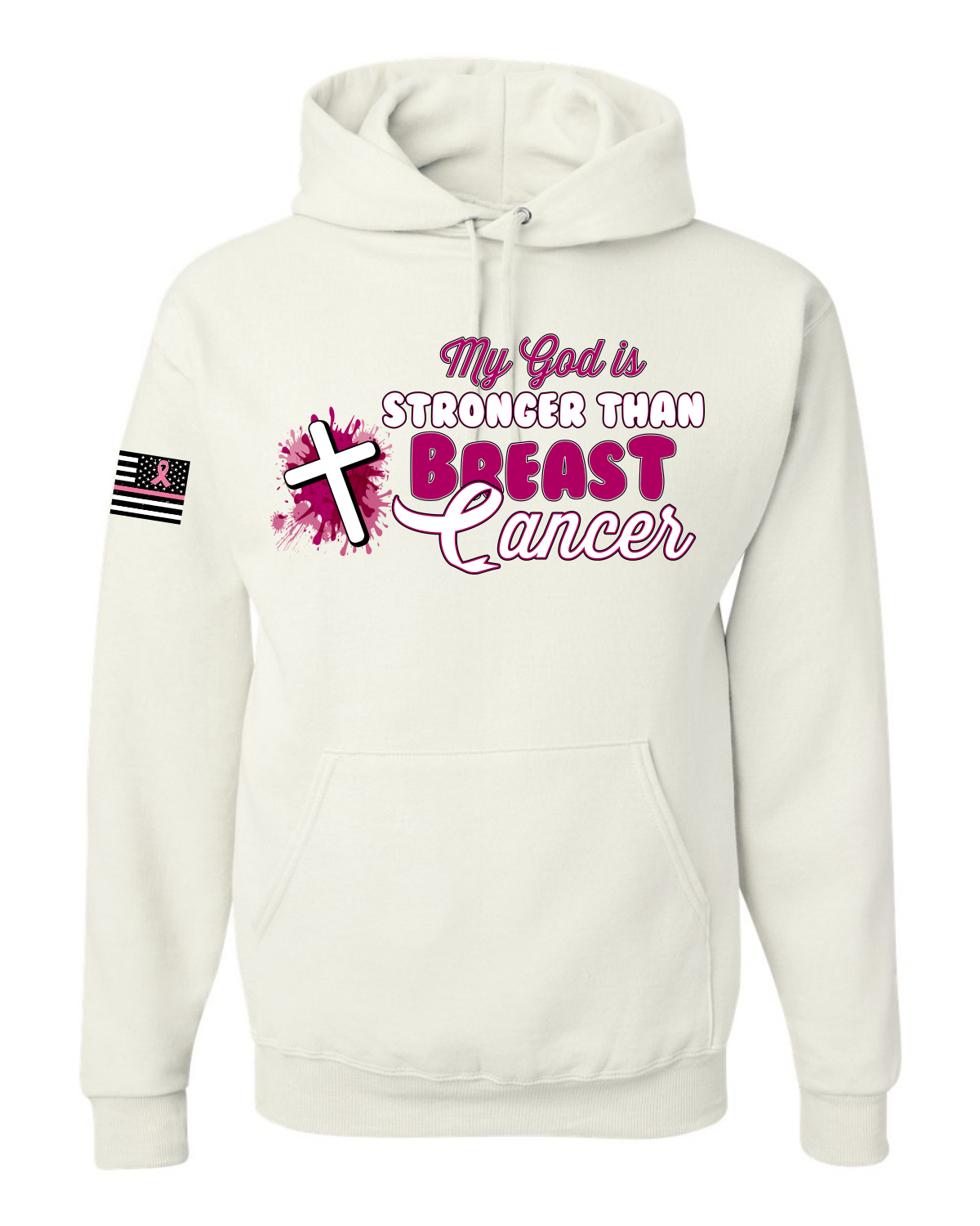 Sudadera con capucha unisex My God is Stronger Than Breast Cancer pintura con salpicaduras cruz - Imagen 8 de 8