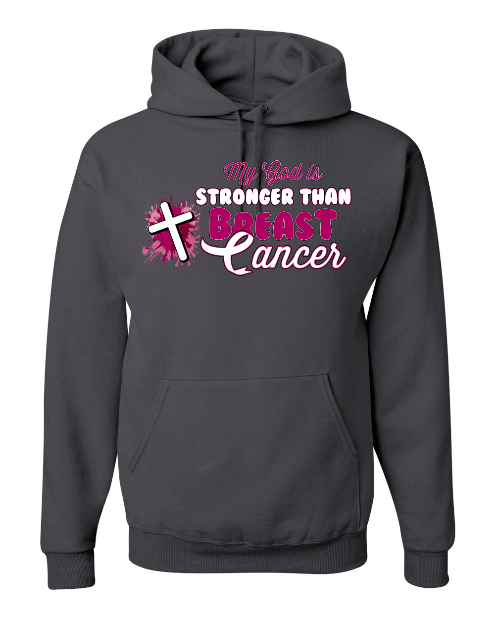 Sudadera con capucha unisex My God is Stronger Than Breast Cancer pintura con salpicaduras cruz - Imagen 4 de 10