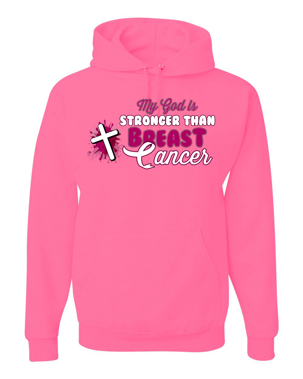 Sudadera con capucha unisex My God is Stronger Than Breast Cancer pintura con salpicaduras cruz - Imagen 9 de 10