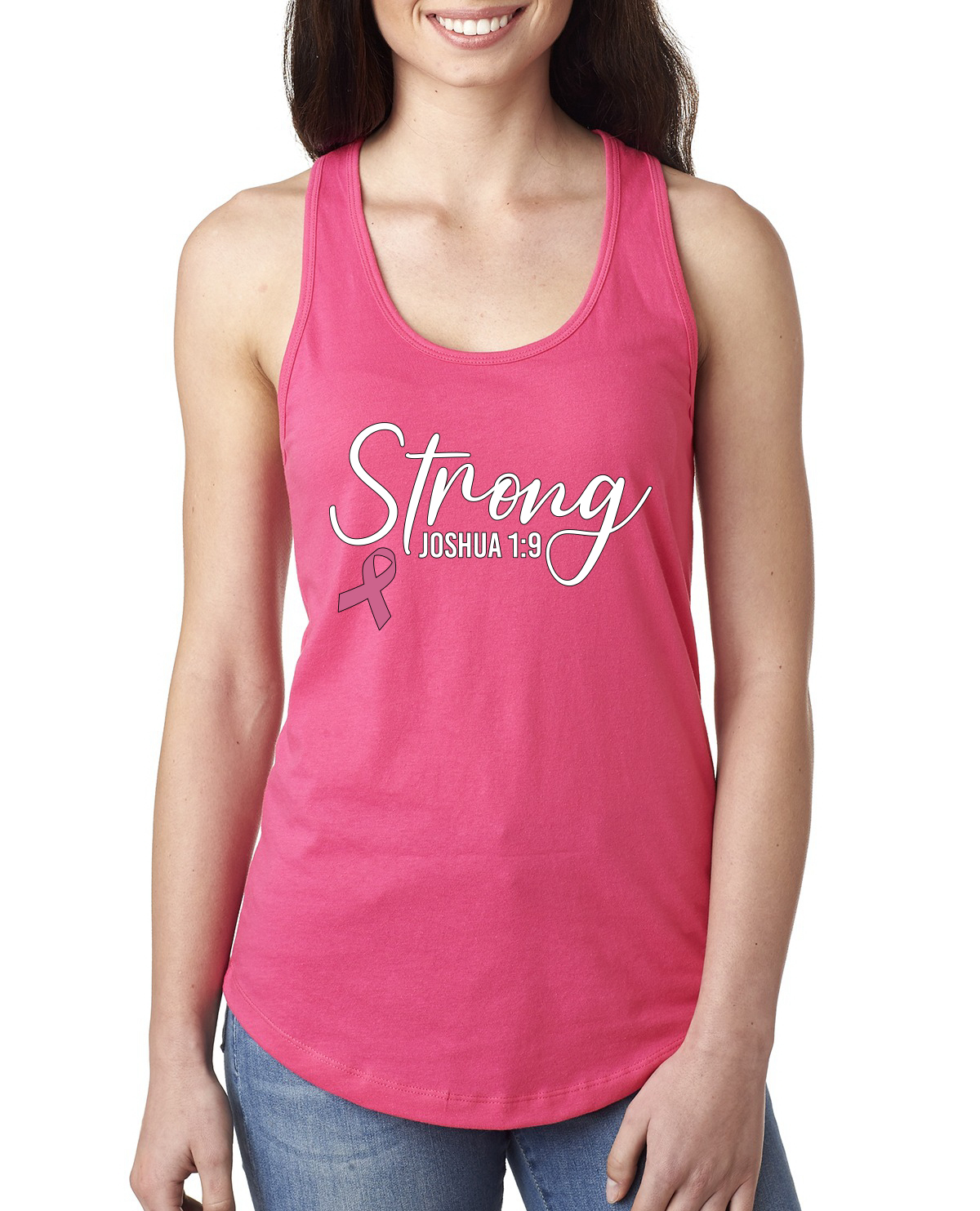 Camiseta sin mangas fuerte Joshua 1:9 cáncer de mama para damas Racerback - Imagen 7 de 8