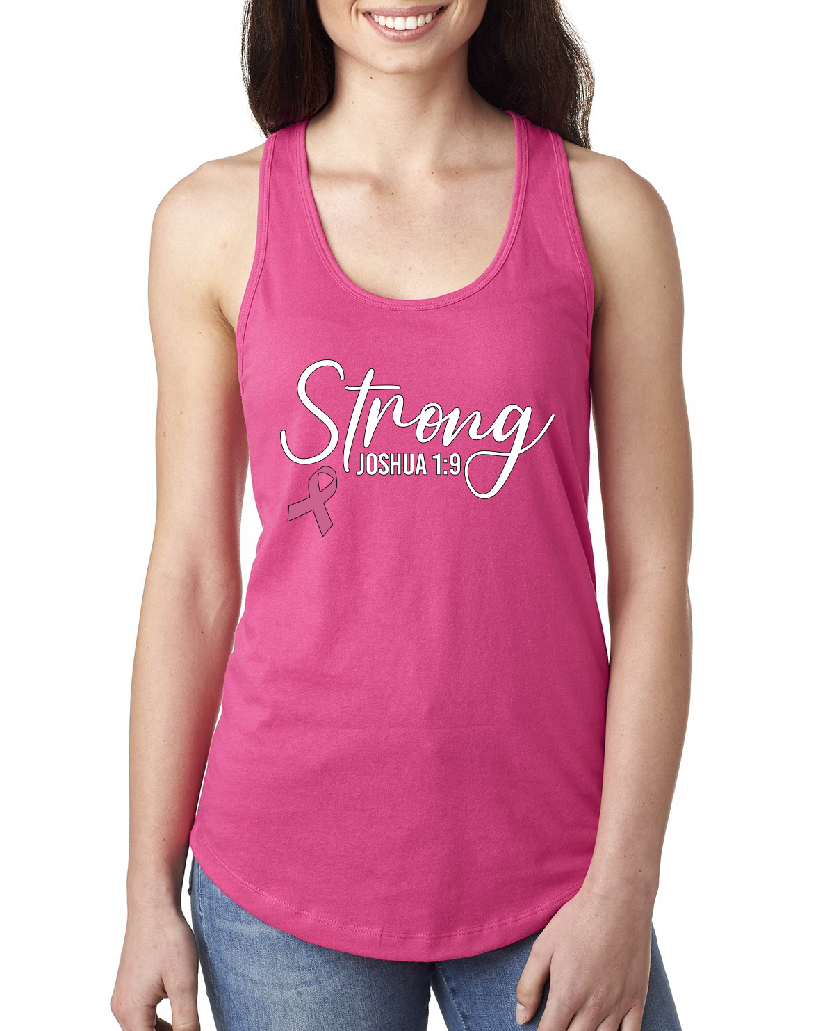 Camiseta sin mangas fuerte Joshua 1:9 cáncer de mama para damas Racerback - Imagen 8 de 8