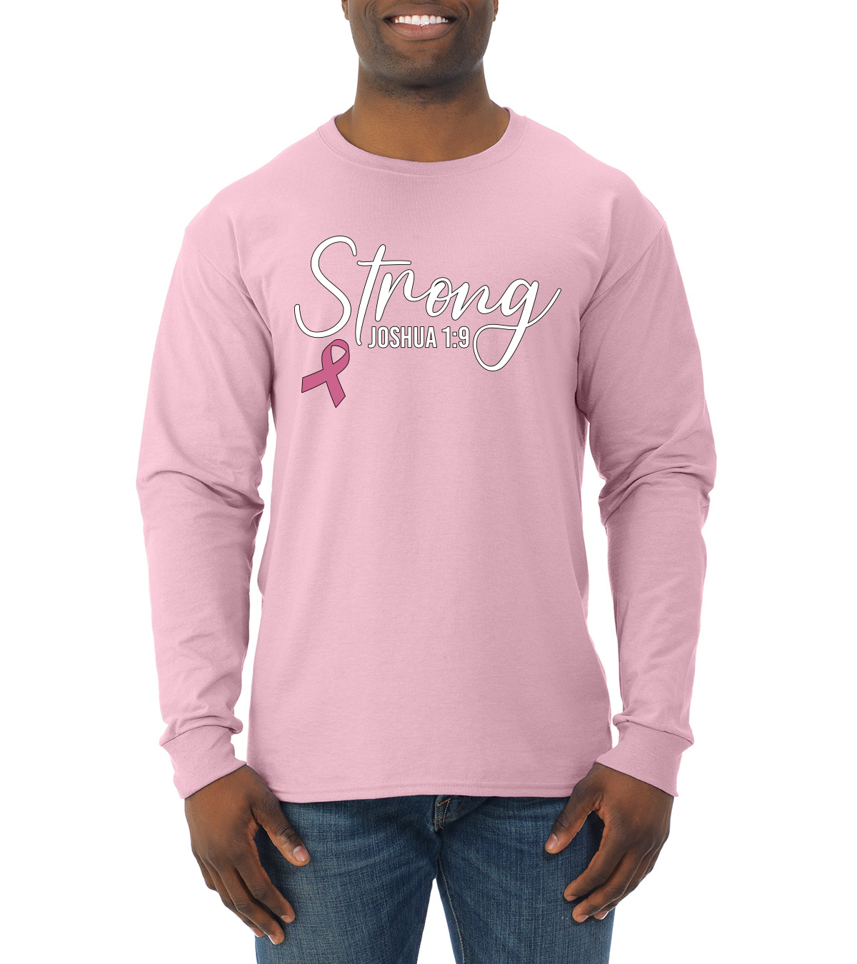 Strong Joshua 1:9 Breast Cancer Men Long Sleeve Shirt - Picture 7 of 8