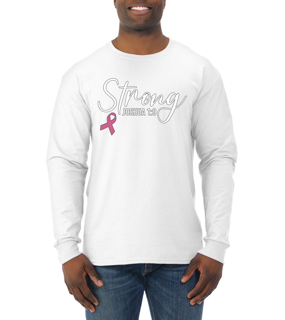 Strong Joshua 1:9 Breast Cancer Men Long Sleeve Shirt - Picture 8 of 8