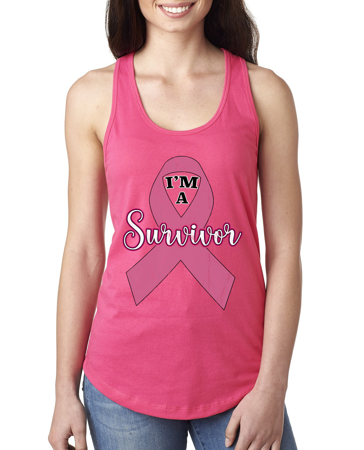 Pink I'm A Breast Cancer Survivor Ladies Racerback Tank Top - Imagen 7 de 8