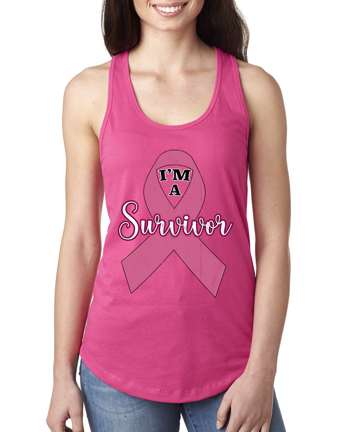 Pink I'm A Breast Cancer Survivor Ladies Racerback Tank Top - Imagen 8 de 8