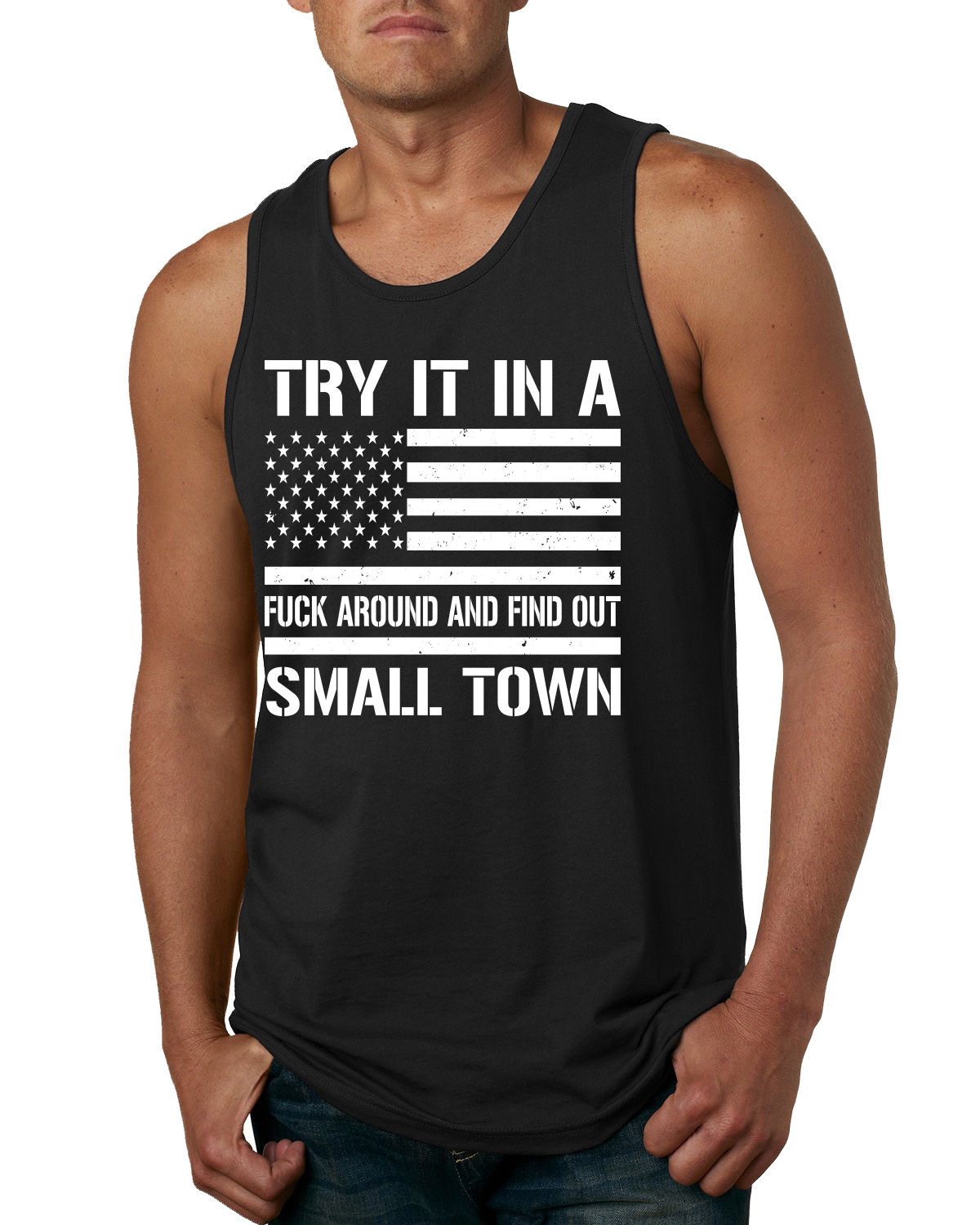 Try that In A Small Town Black and White American Flag Mens Tank Top