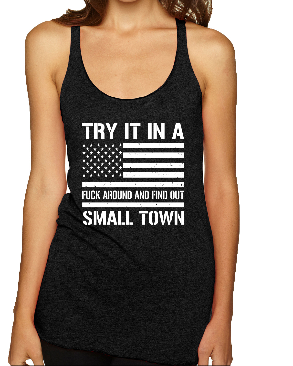 Camiseta sin mangas Try That In A Small Town blanca y negra bandera americana TriBlend - Imagen 4 de 6