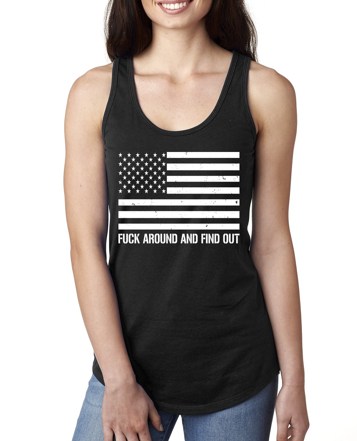 Mess Around and Find Out Black and White American Flag Ladies Racerback Tank Top - Picture 3 of 8