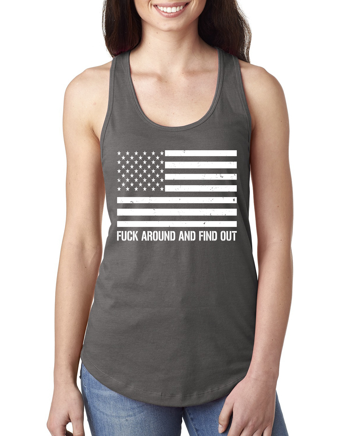 Mess Around and Find Out Black and White American Flag Ladies Racerback Tank Top - Picture 8 of 8