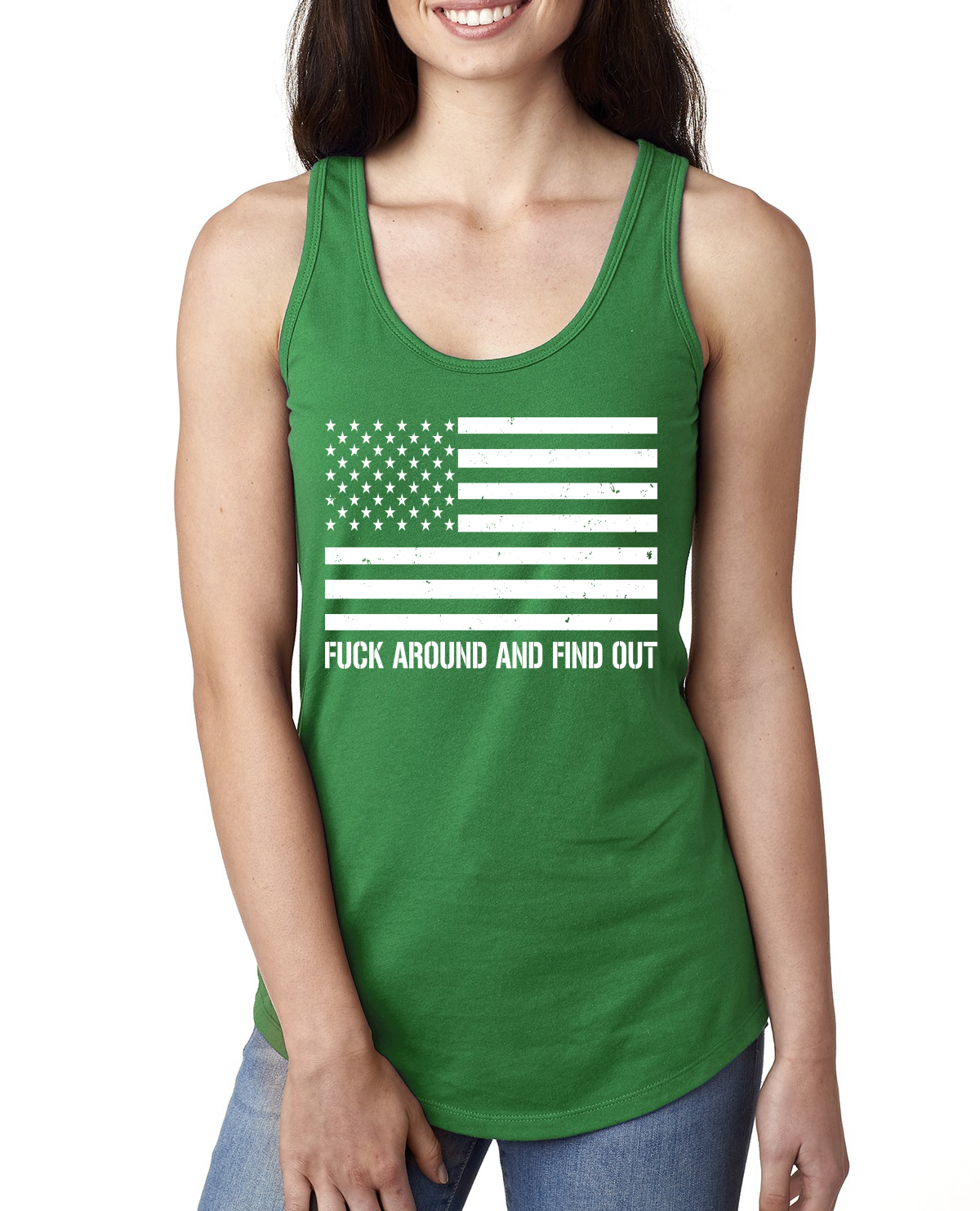 Mess Around and Find Out Black and White American Flag Ladies Racerback Tank Top - Picture 4 of 8