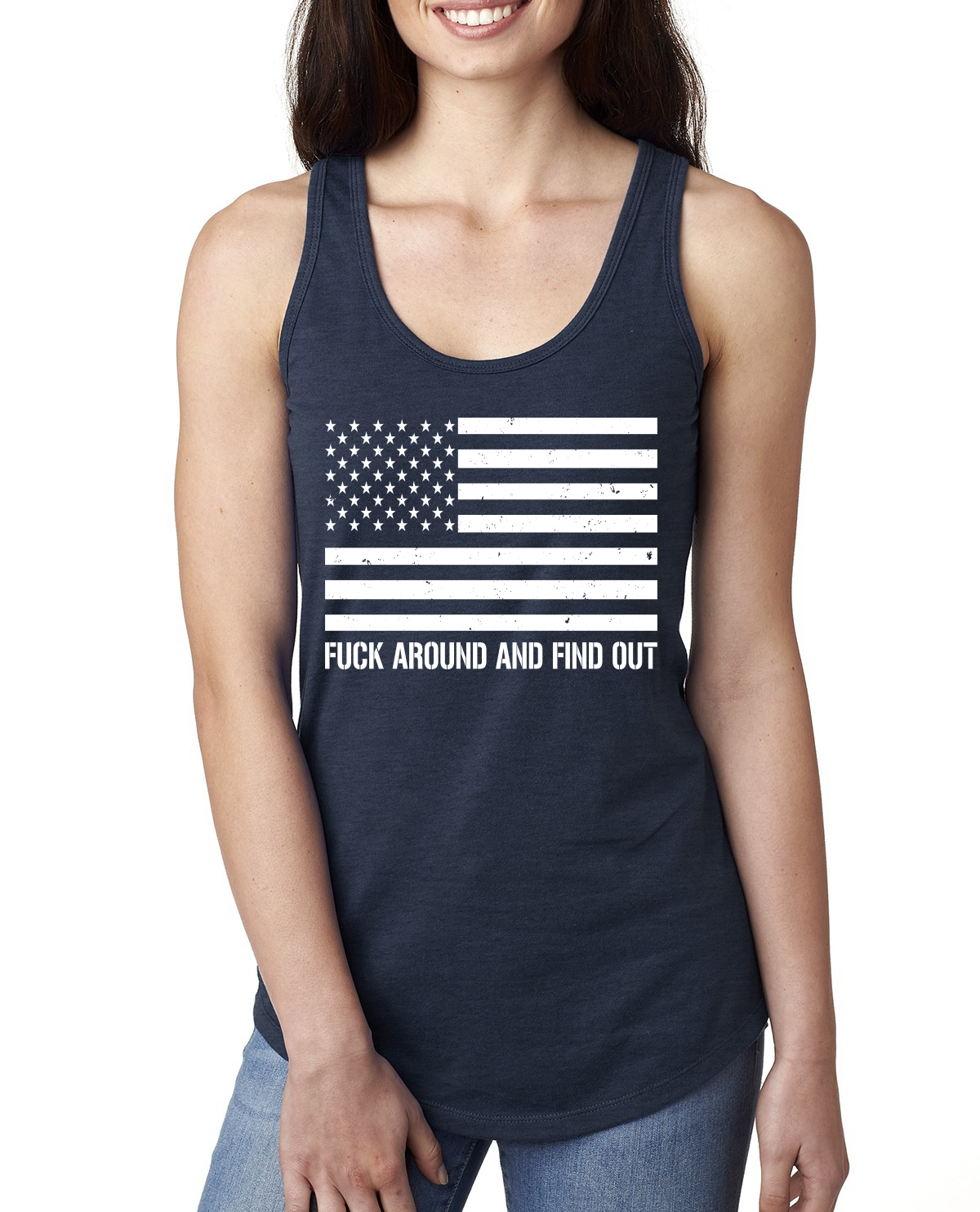 Mess Around and Find Out Black and White American Flag Ladies Racerback Tank Top - Picture 5 of 8