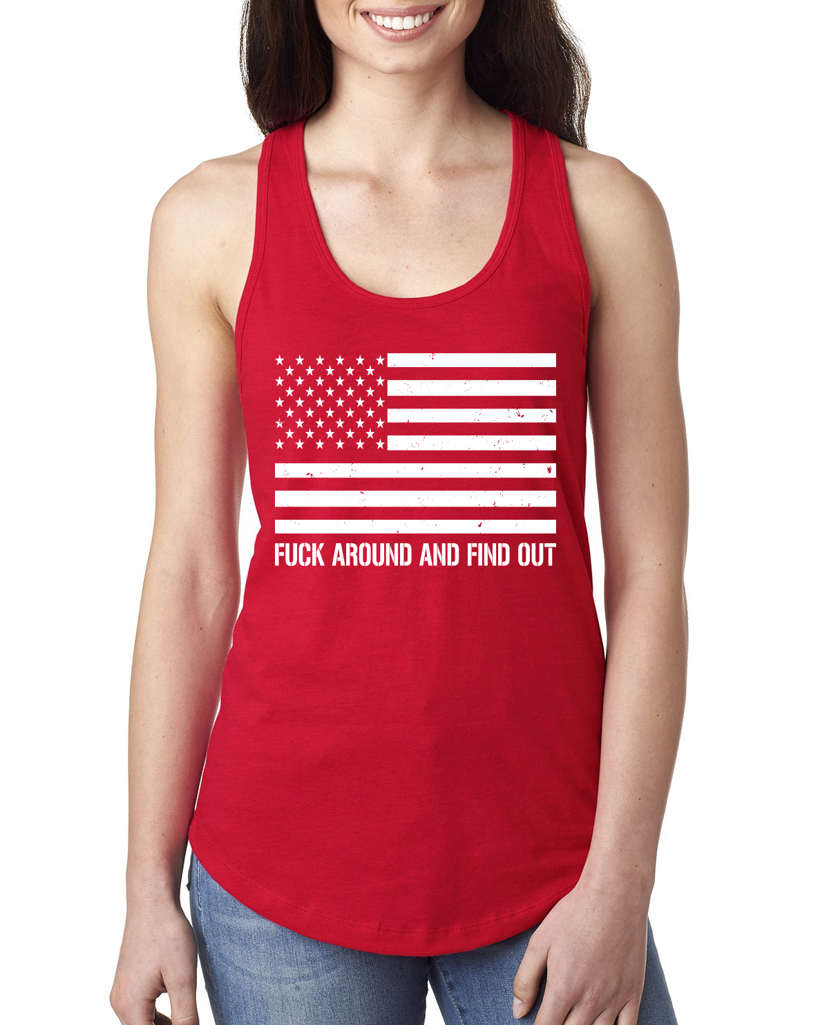 Mess Around and Find Out Black and White American Flag Ladies Racerback Tank Top - Picture 6 of 8