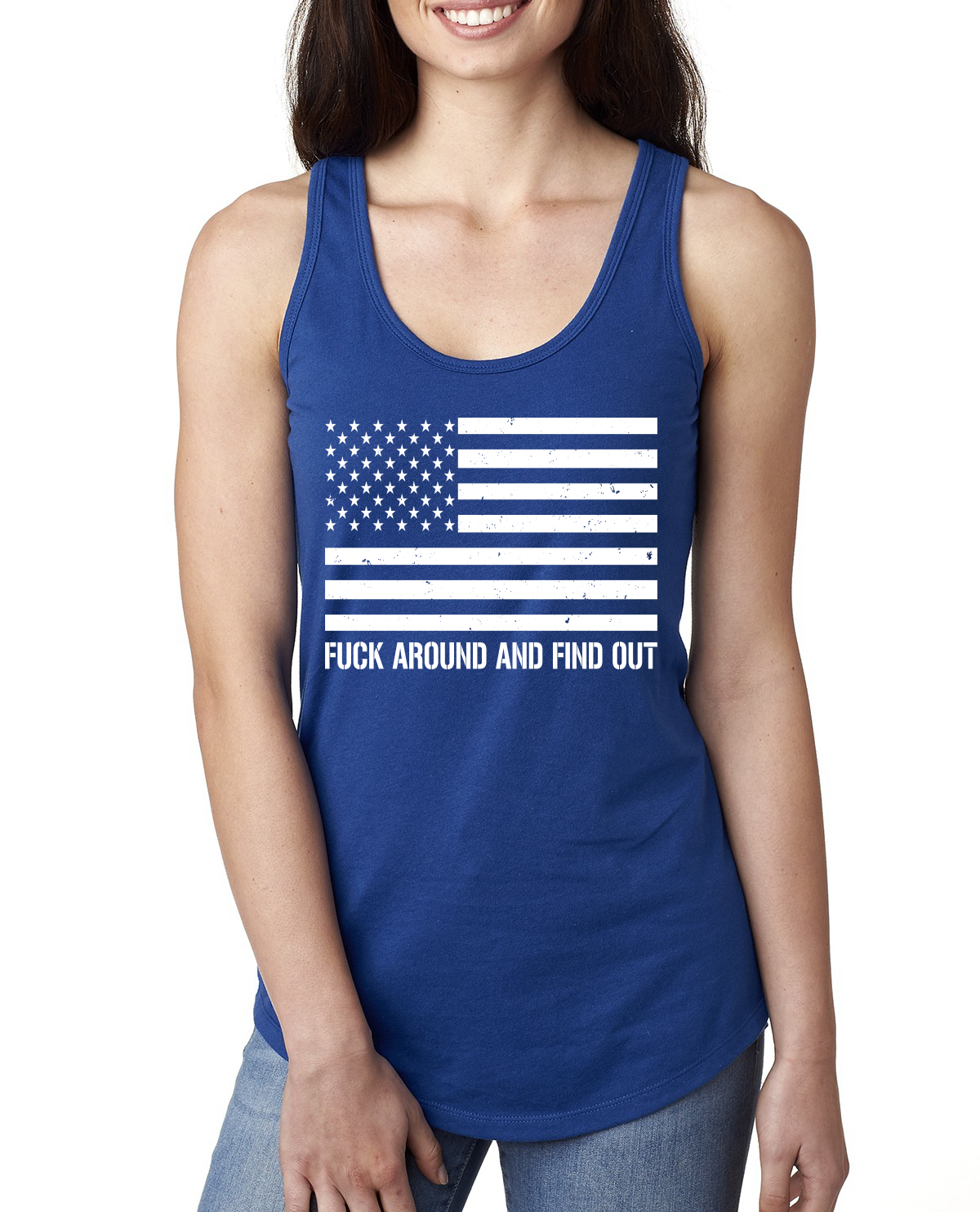 Mess Around and Find Out Black and White American Flag Ladies Racerback Tank Top - Picture 7 of 8