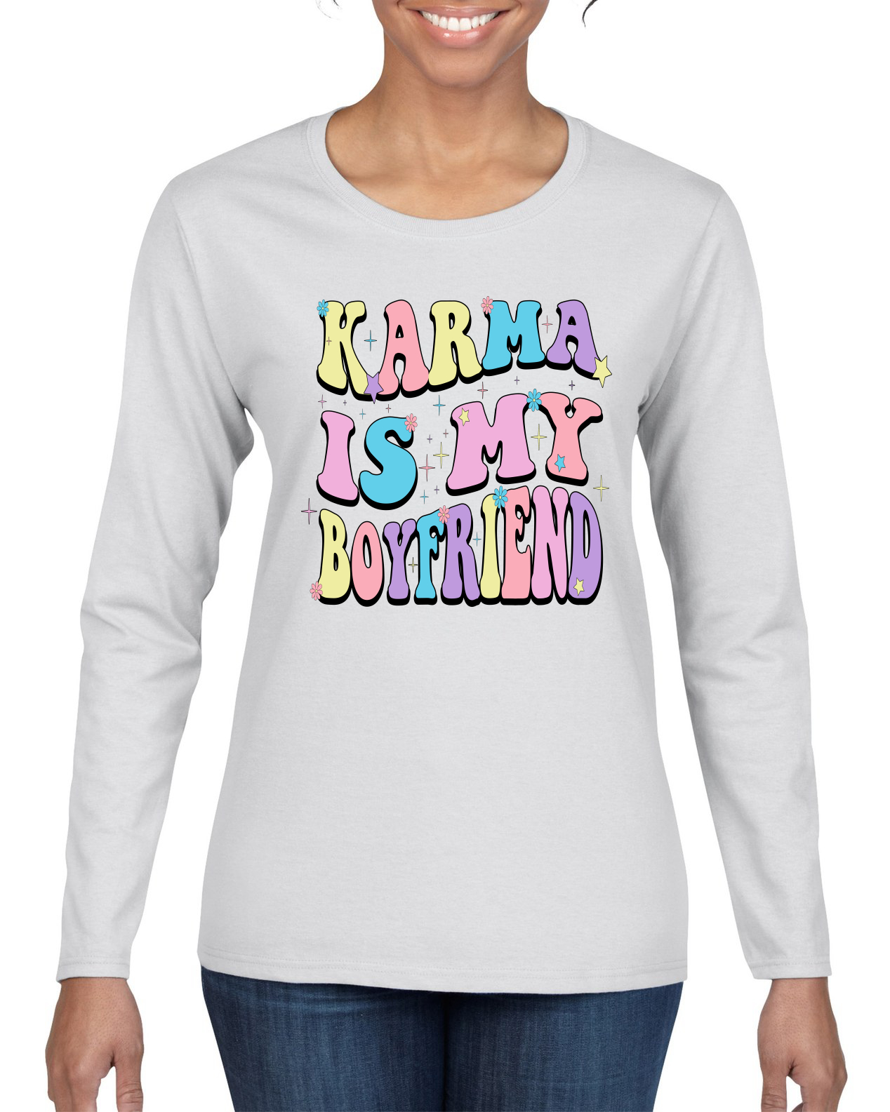 Camiseta Karma Is My Boyfriend Groovy Letters Cultura Pop Mujer Mangas Largas - Imagen 7 de 7