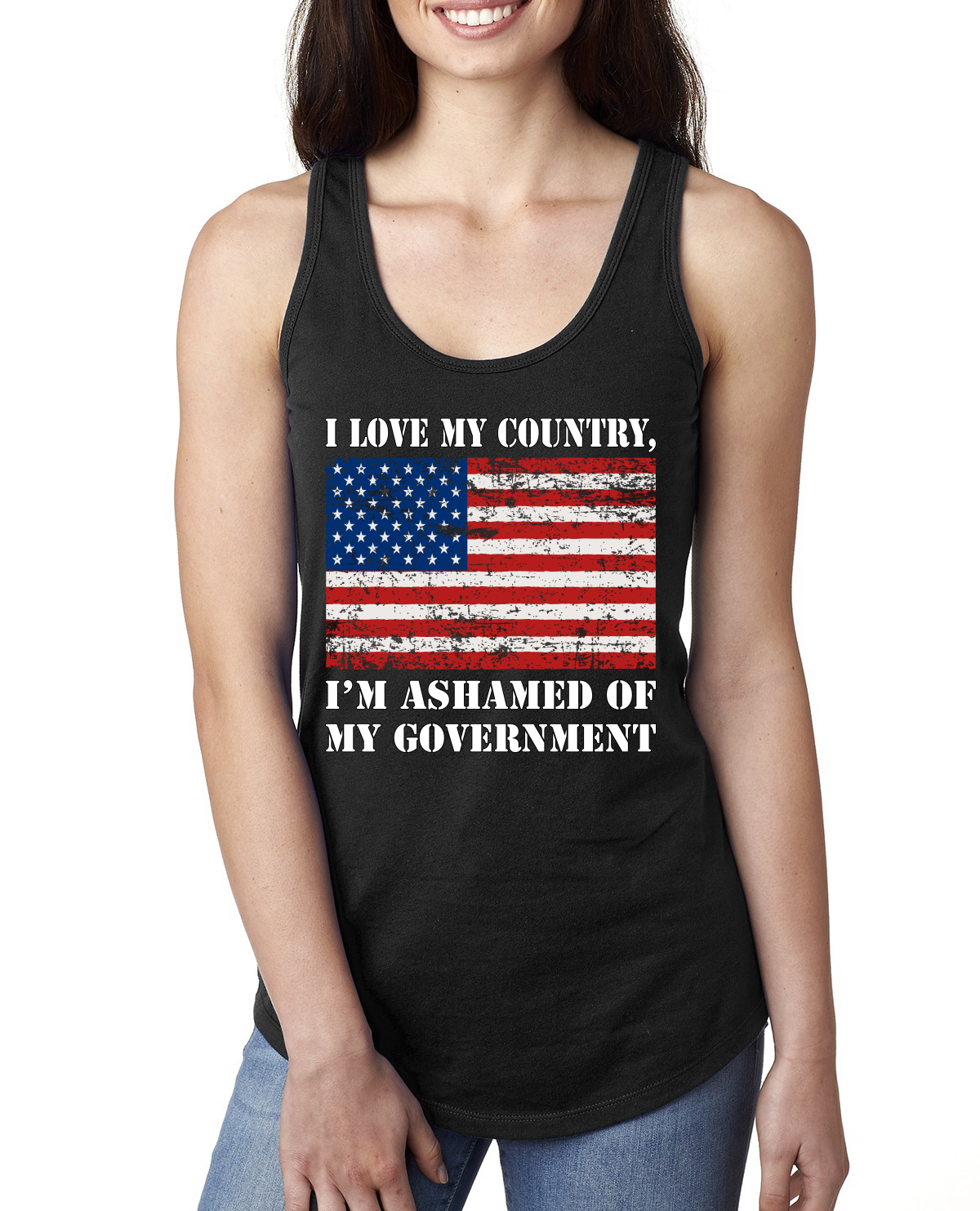 I love my Country Im ashamed of my Government Ladies Racerback Tank Top