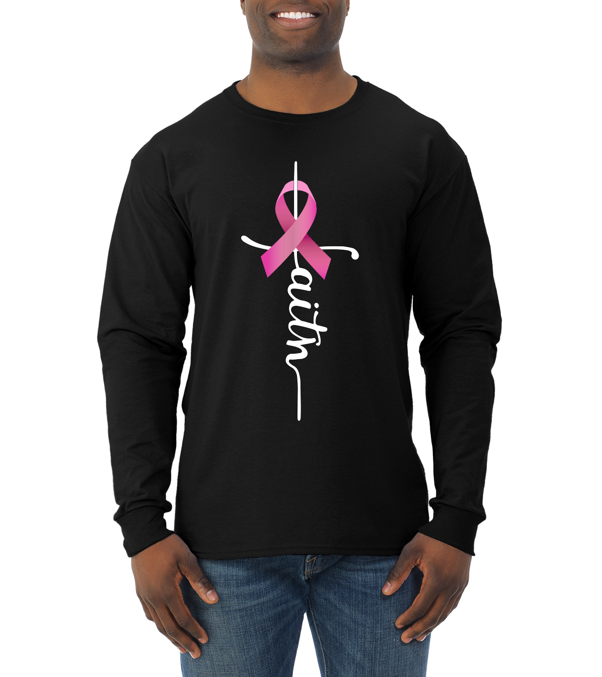 Faith Breast Cancer Ribbon Men Long Sleeve Shirt - Picture 3 of 8