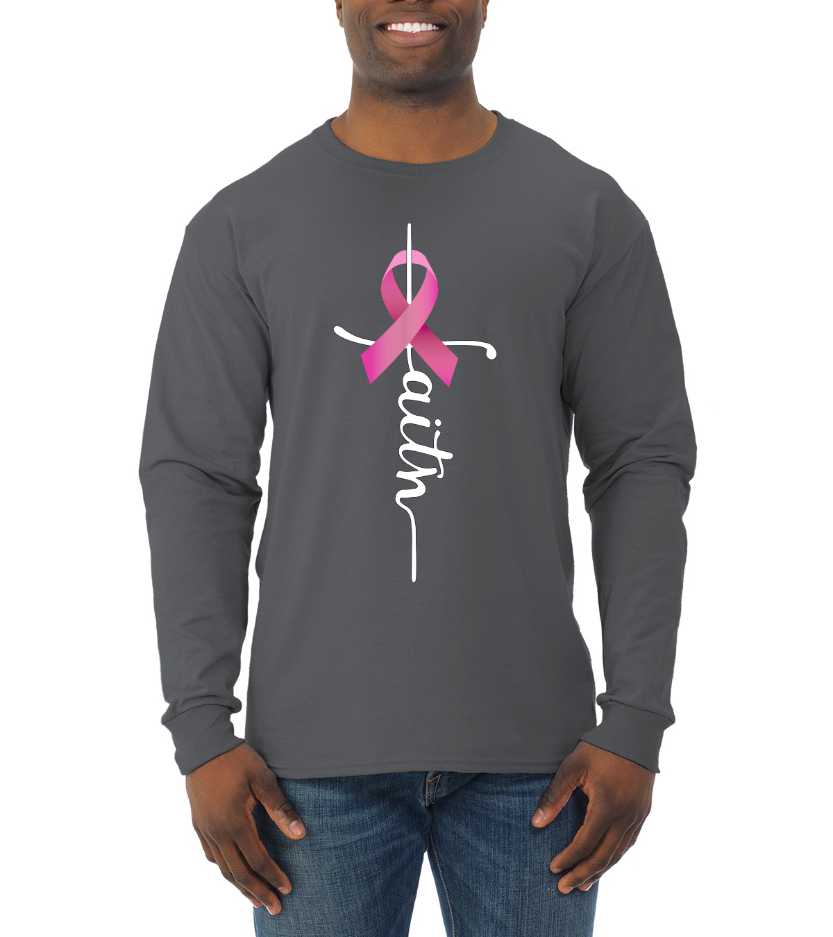 Faith Breast Cancer Ribbon Men Long Sleeve Shirt - Picture 4 of 8