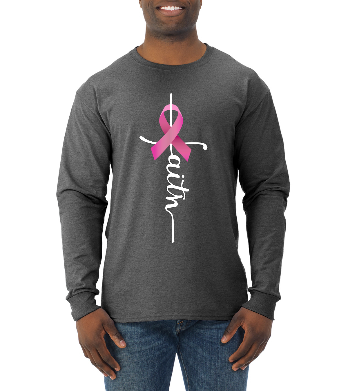 Faith Breast Cancer Ribbon Men Long Sleeve Shirt - Picture 5 of 8