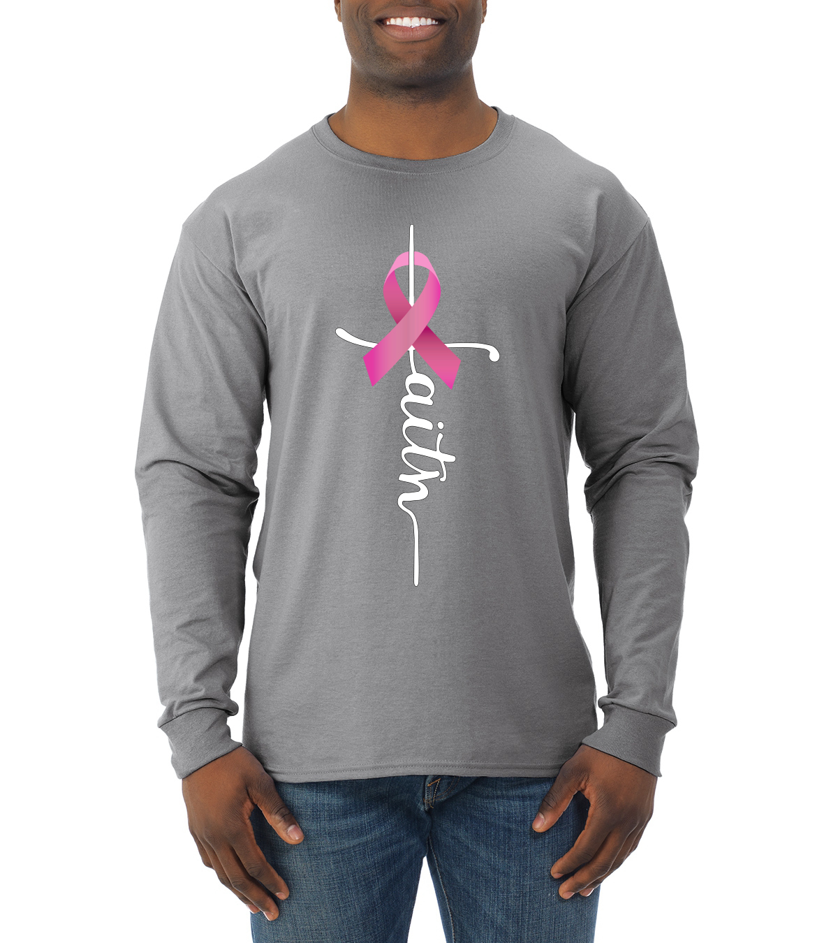 Faith Breast Cancer Ribbon Men Long Sleeve Shirt - Picture 6 of 8