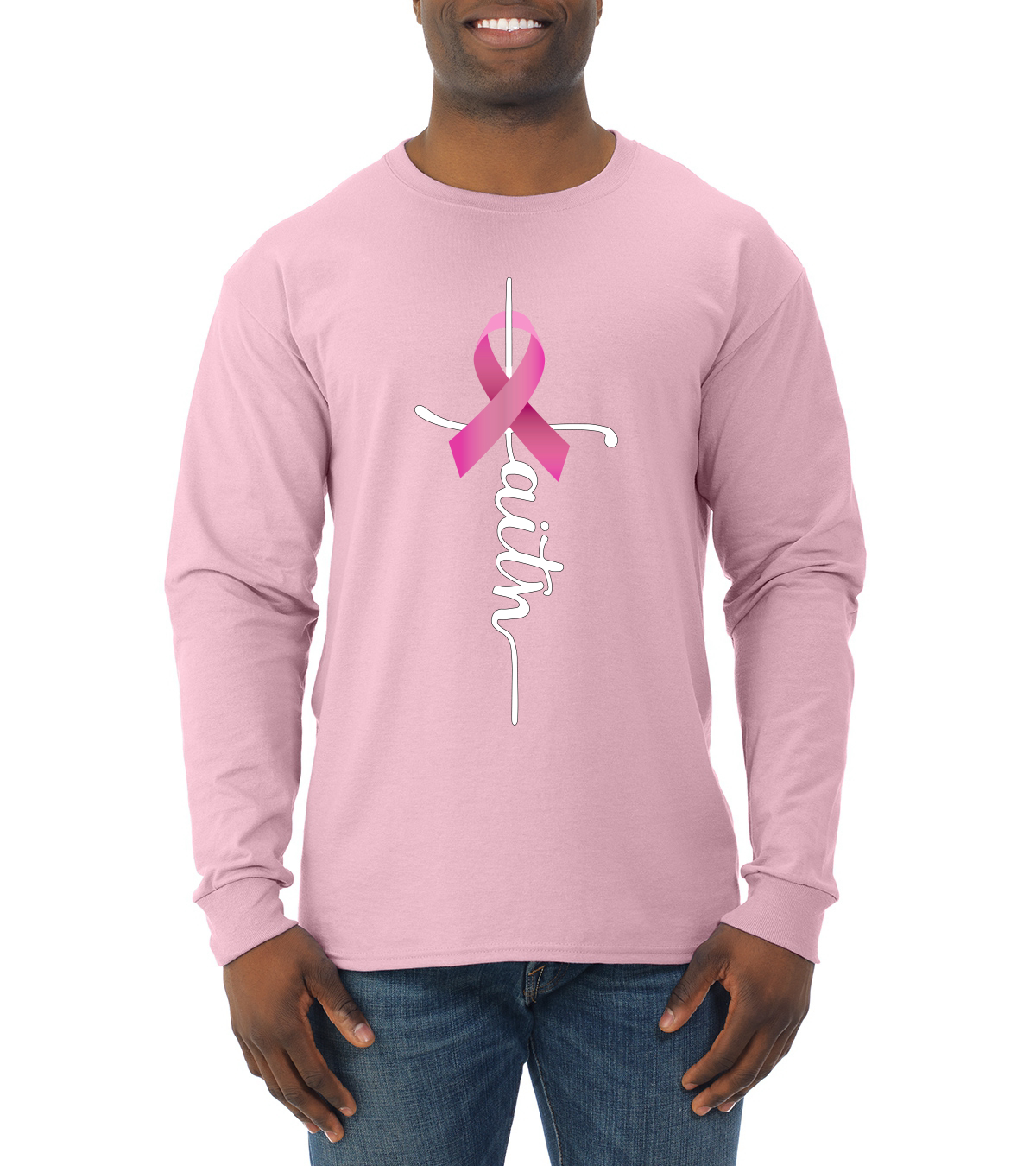 Faith Breast Cancer Ribbon Men Long Sleeve Shirt - Picture 7 of 8