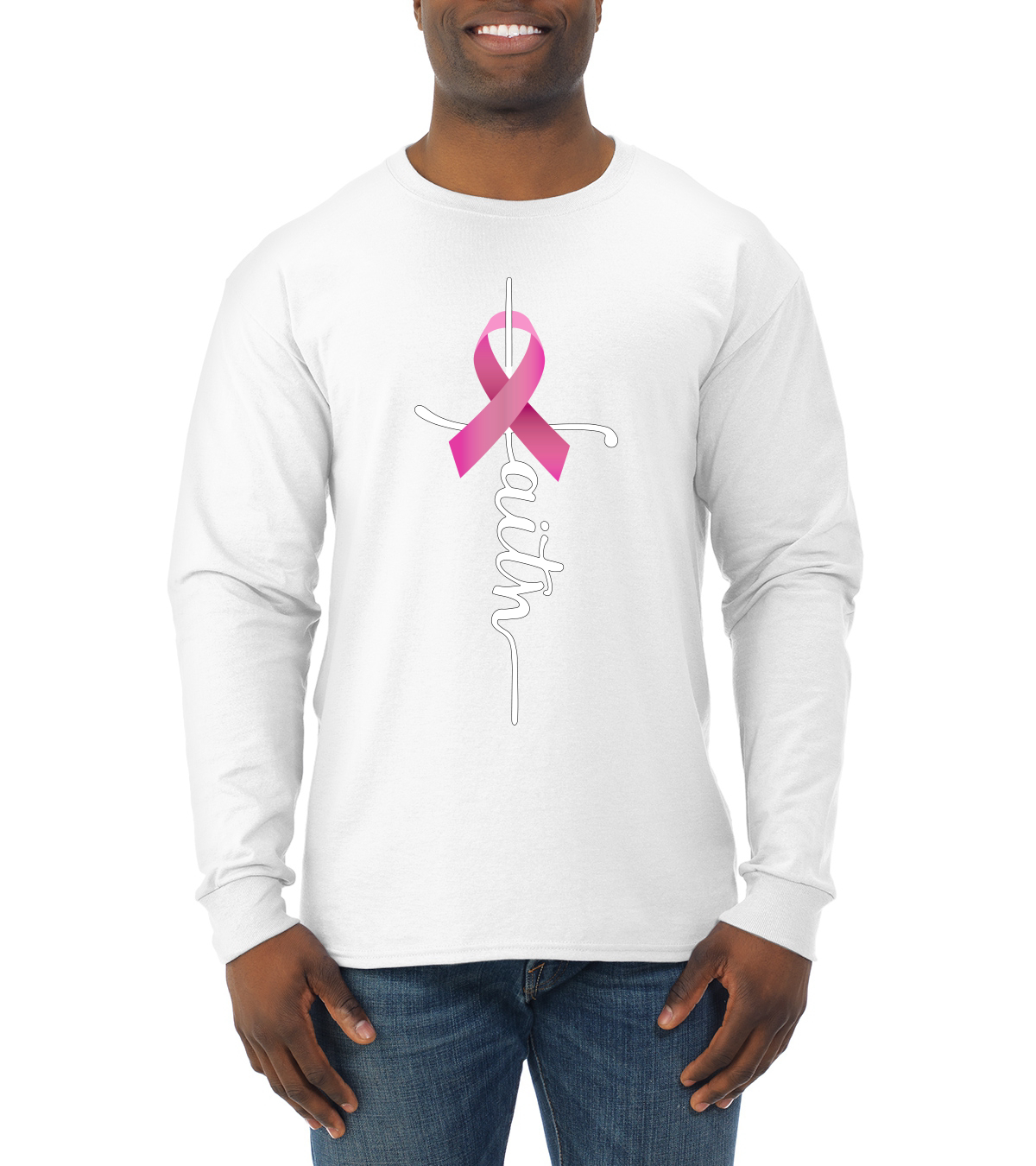 Faith Breast Cancer Ribbon Men Long Sleeve Shirt - Picture 8 of 8