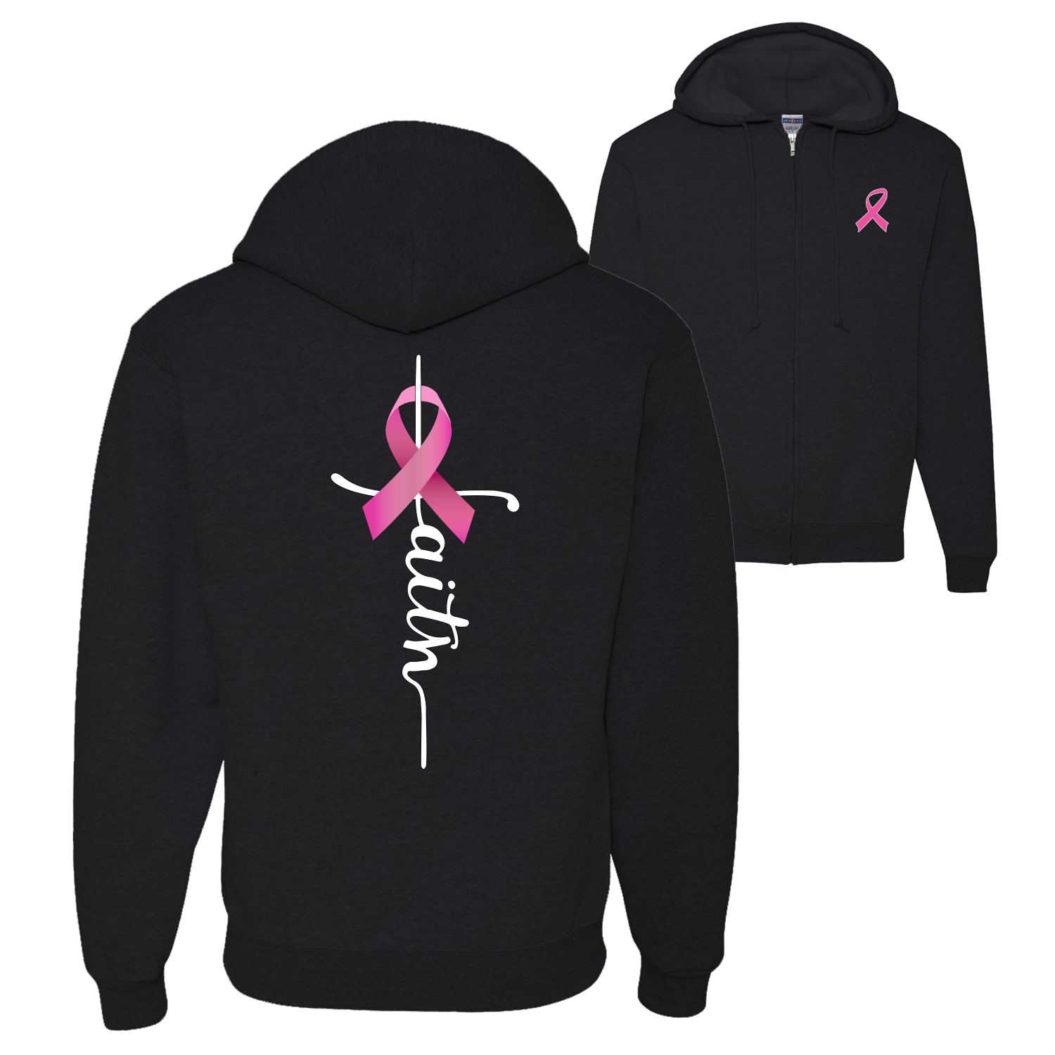 Faith Breast Cancer Ribbon Front and Back Graphic Zip Up Hoodie Sweatshirt - 第 2/3 張圖片