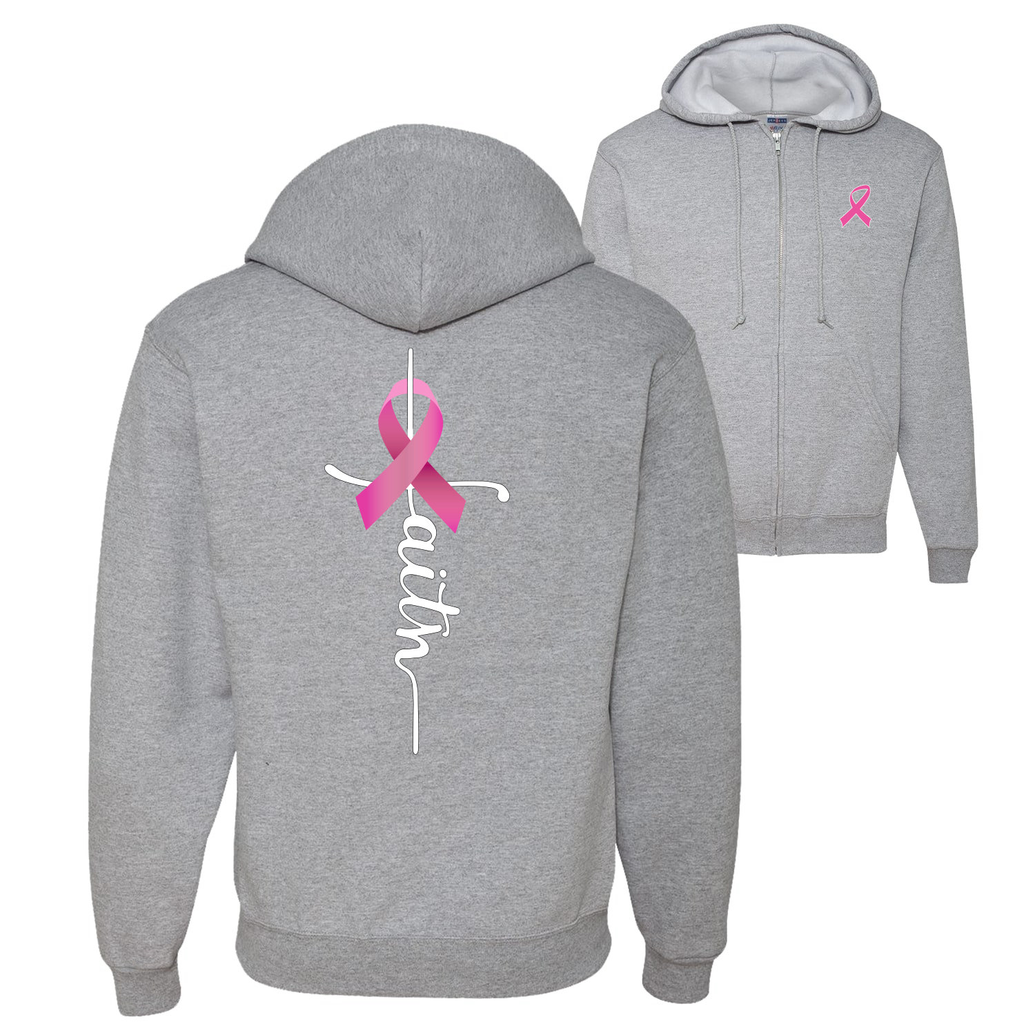 Faith Breast Cancer Ribbon Front and Back Graphic Zip Up Hoodie Sweatshirt - 第 3/3 張圖片