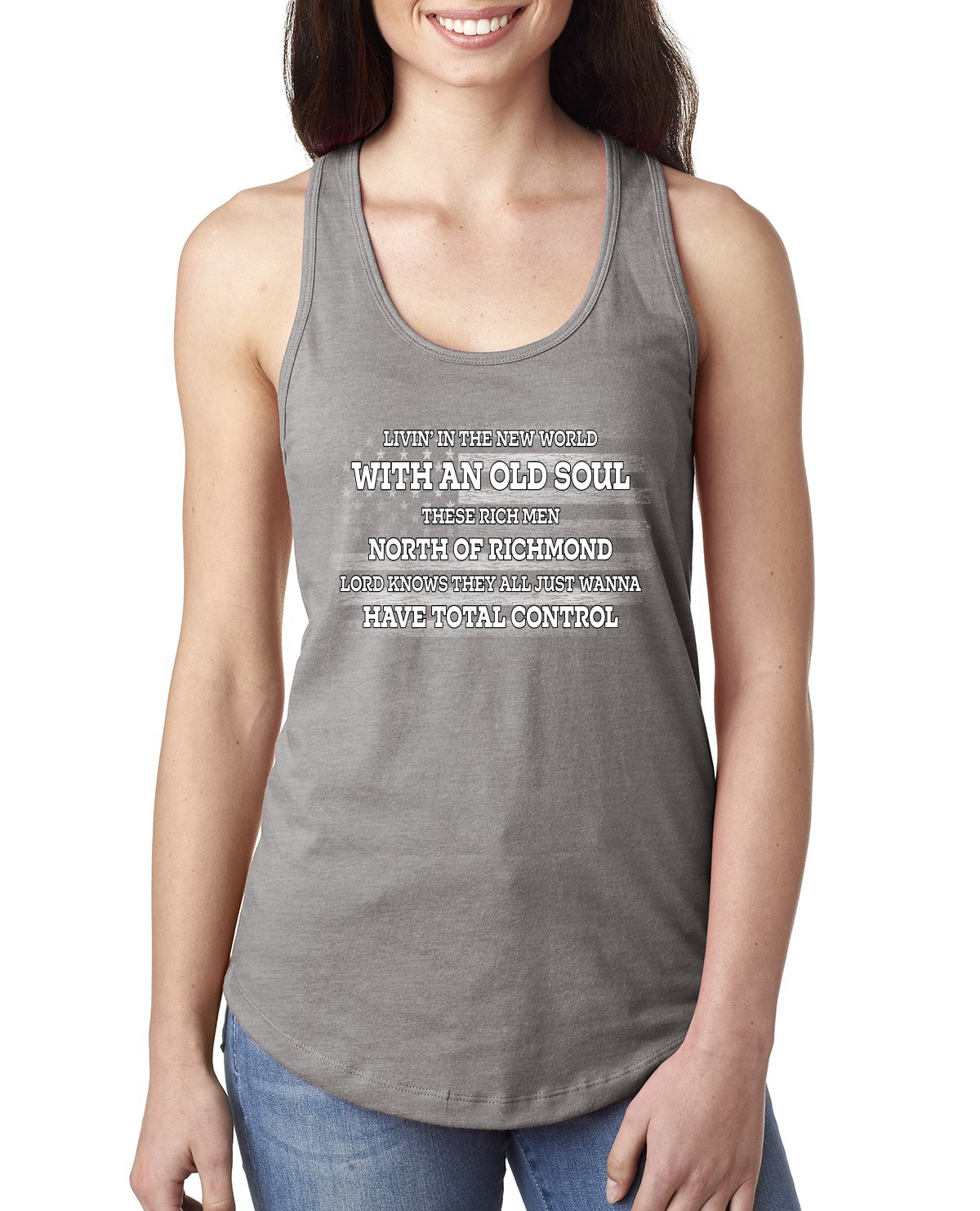Rich Men North of Richmond White American Flag Ladies Racerback Tank Top - Picture 3 of 8