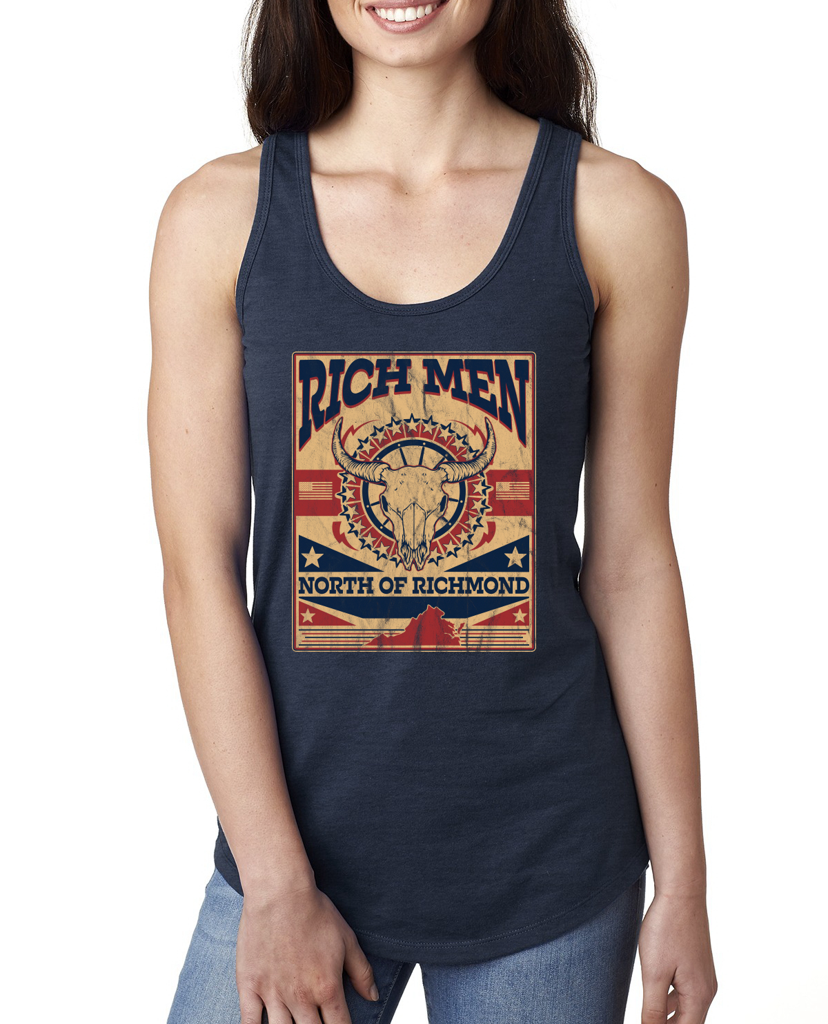 Rich Men North of Richmond Distressed Steer Ladies Racerback Tank Top