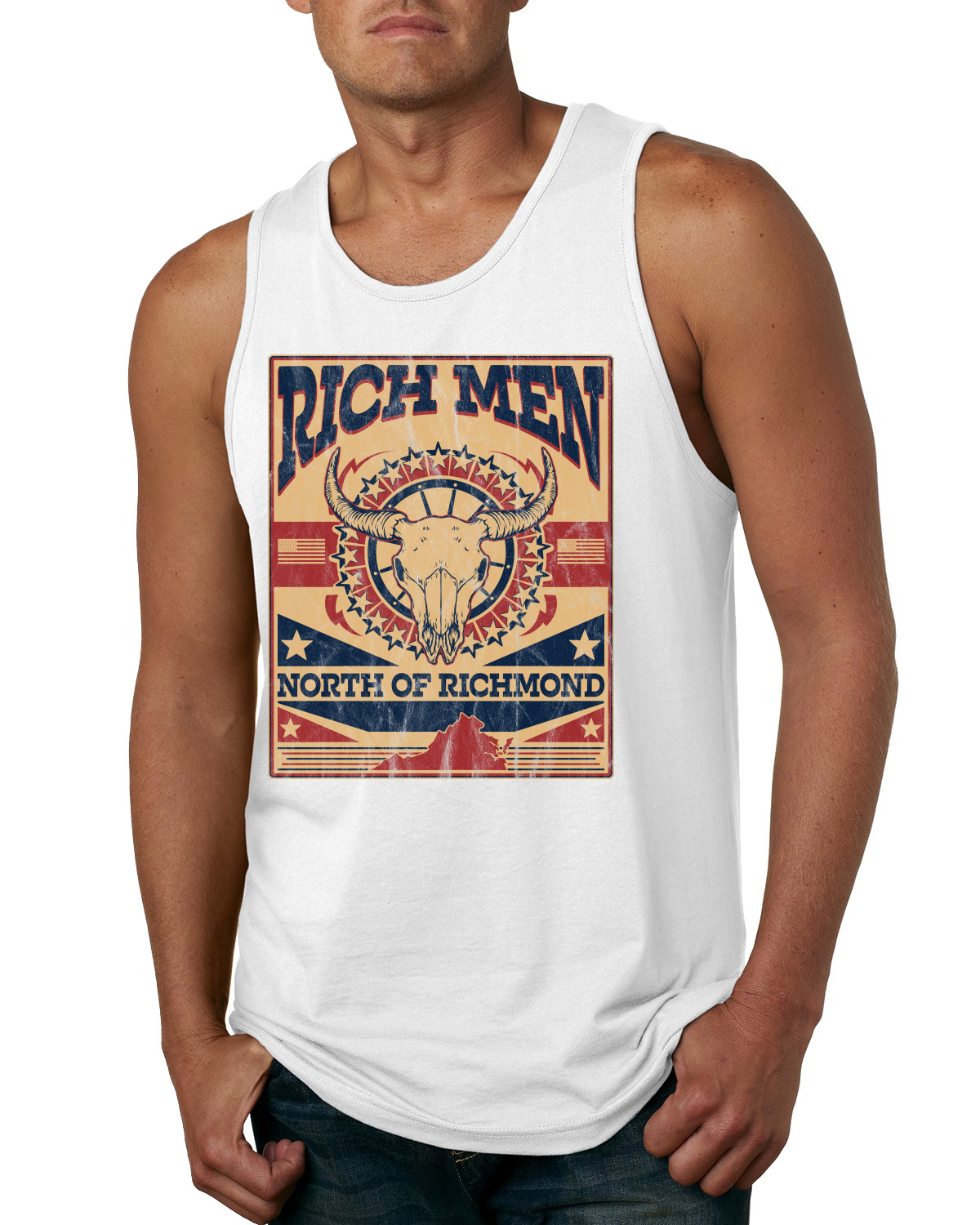 Rich Men North of Richmond Distressed Steer Mens Tank Top - Picture 7 of 7