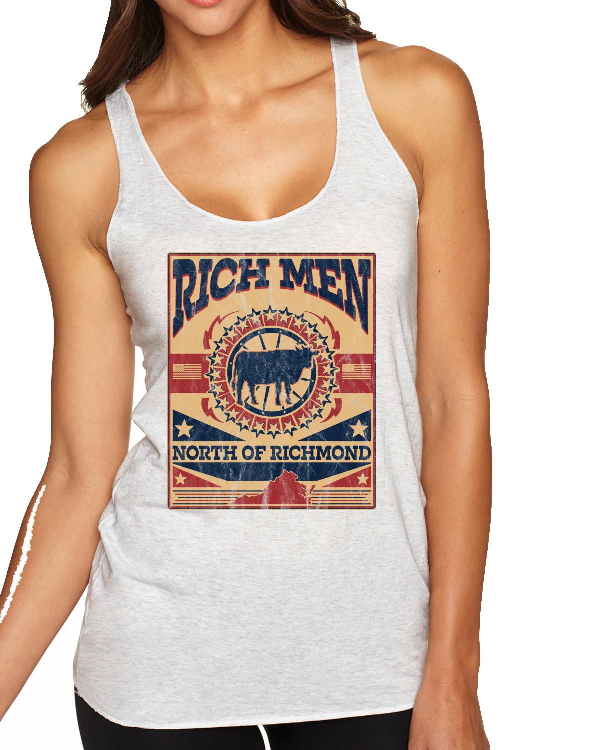 Rich Men North of Richmond Distressed Steer Cow TriBlend Racerback Tank Top - Picture 3 of 7