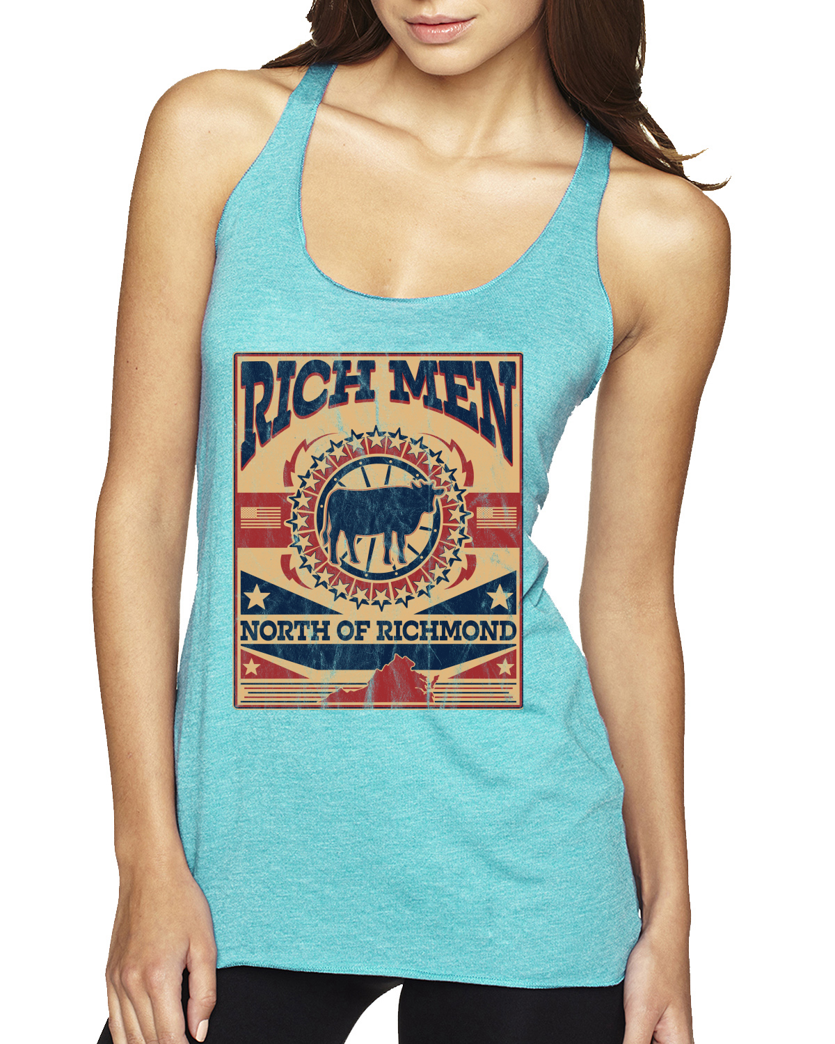 Rich Men North of Richmond Distressed Steer Cow TriBlend Racerback Tank Top - Picture 2 of 7