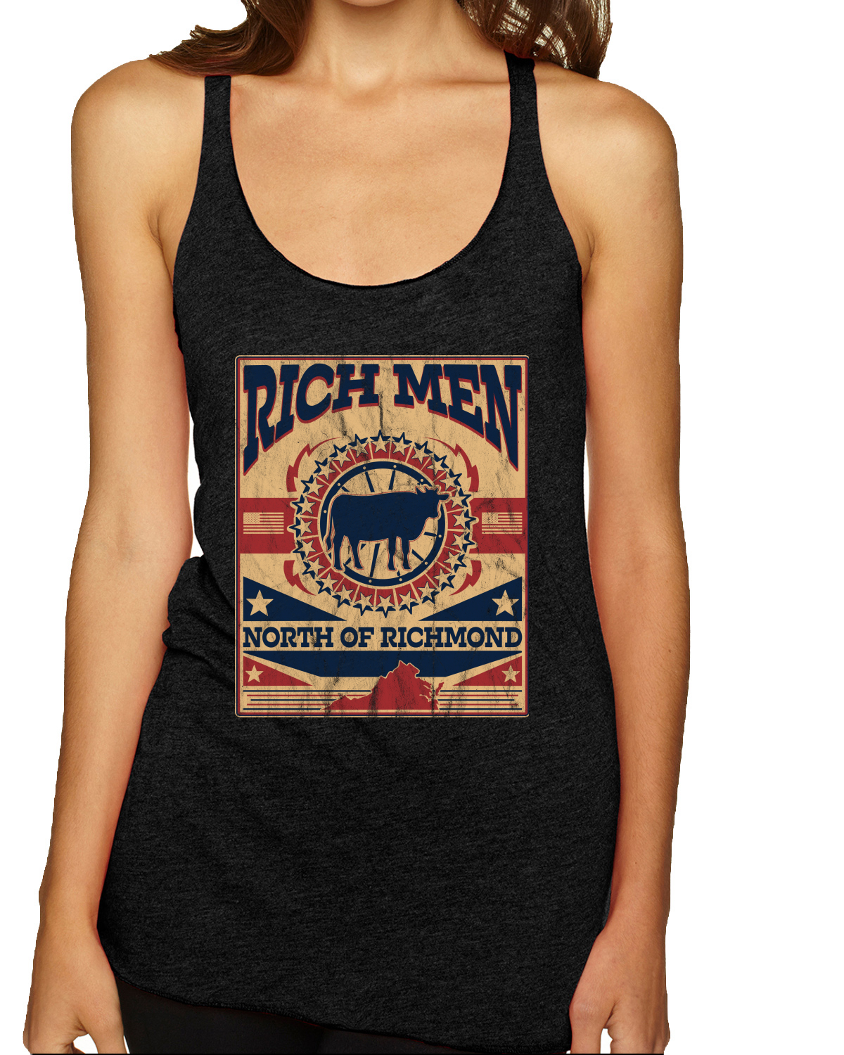 Rich Men North of Richmond Distressed Steer Cow TriBlend Racerback Tank Top - Picture 4 of 7