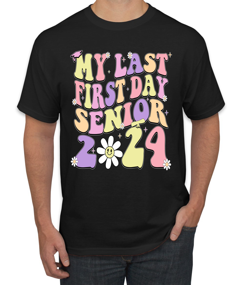 My Last First Day Groovy Letters Graduation Cap Men TShirt - Picture 3 of 13