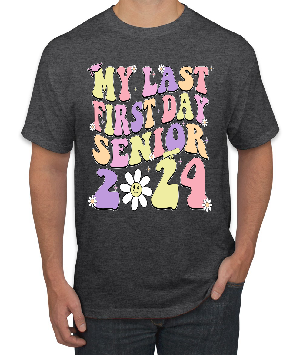 My Last First Day Groovy Letters Graduation Cap Men TShirt - Picture 5 of 13