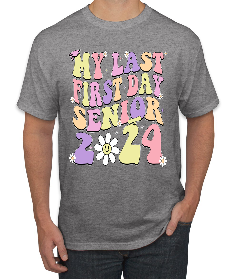 My Last First Day Groovy Letters Graduation Cap Men TShirt - Picture 6 of 13