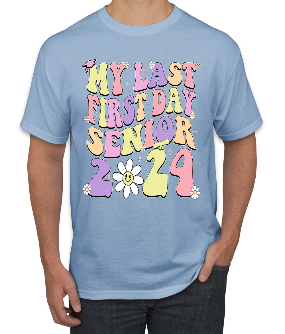My Last First Day Groovy Letters Graduation Cap Men TShirt - Picture 13 of 13
