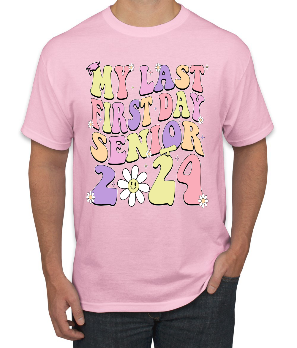 My Last First Day Groovy Letters Graduation Cap Men TShirt - Picture 7 of 13